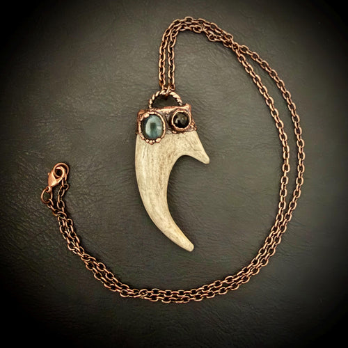 Electroformed Antler Necklace with Labradorite & Obsidian – Copper Nature Jewelry