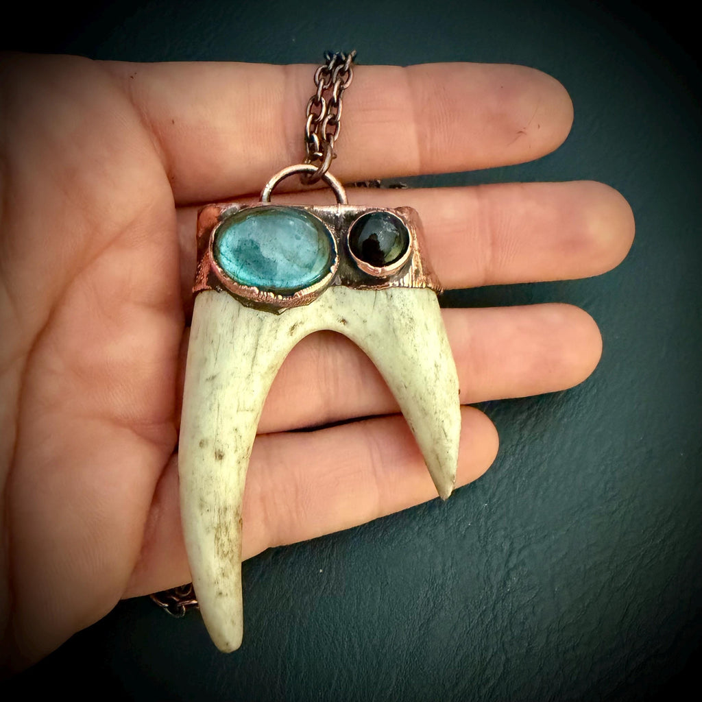 Electroformed Antler Necklace with Labradorite & Obsidian – Copper Nature Jewelry