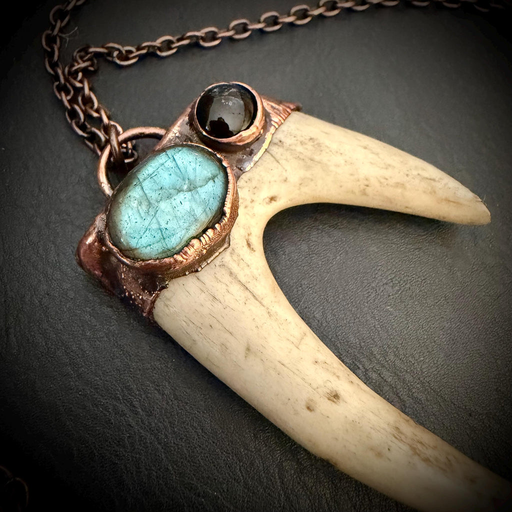 Electroformed Antler Necklace with Labradorite & Obsidian – Copper Nature Jewelry