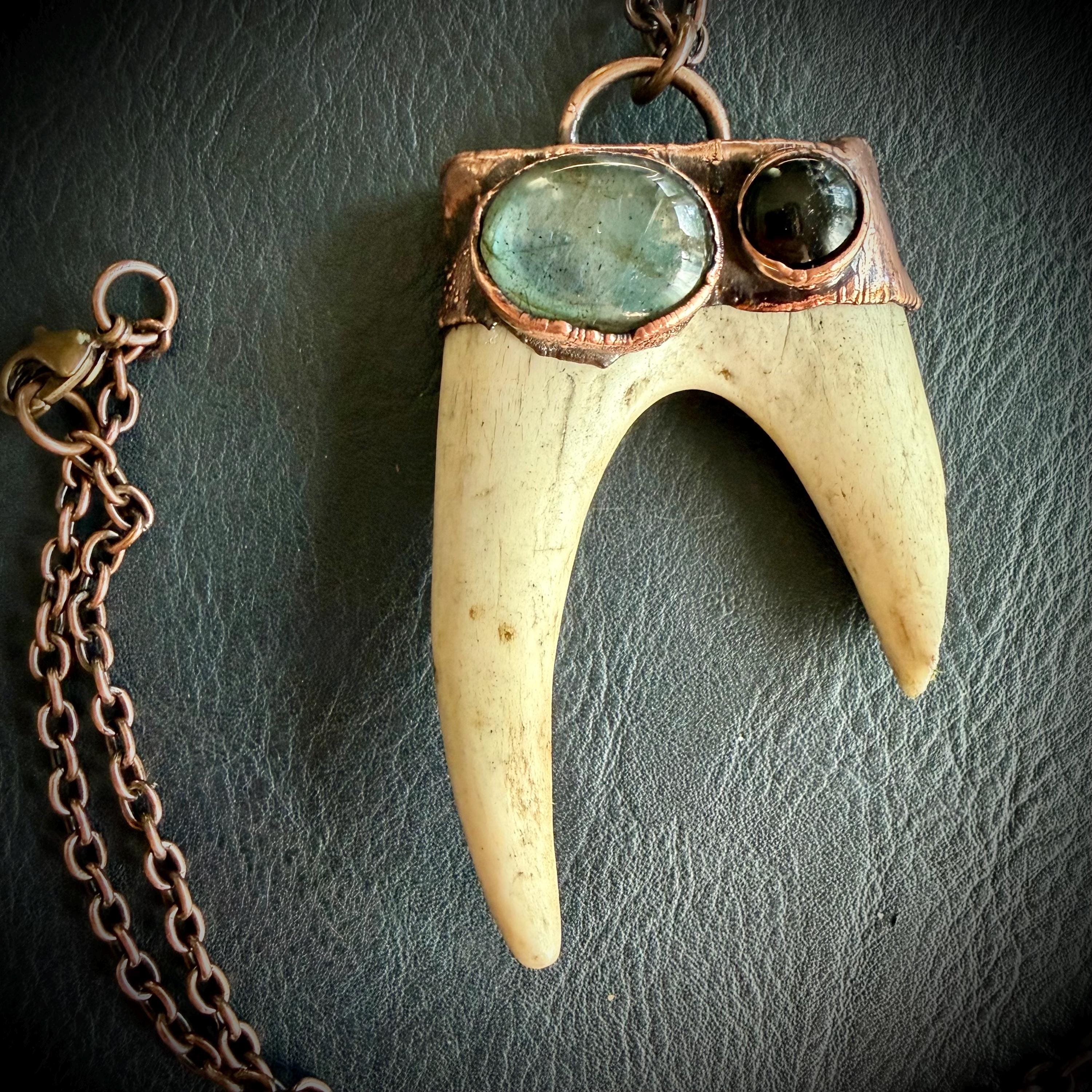 Electroformed Antler Necklace with Labradorite & Obsidian – Copper Nature Jewelry