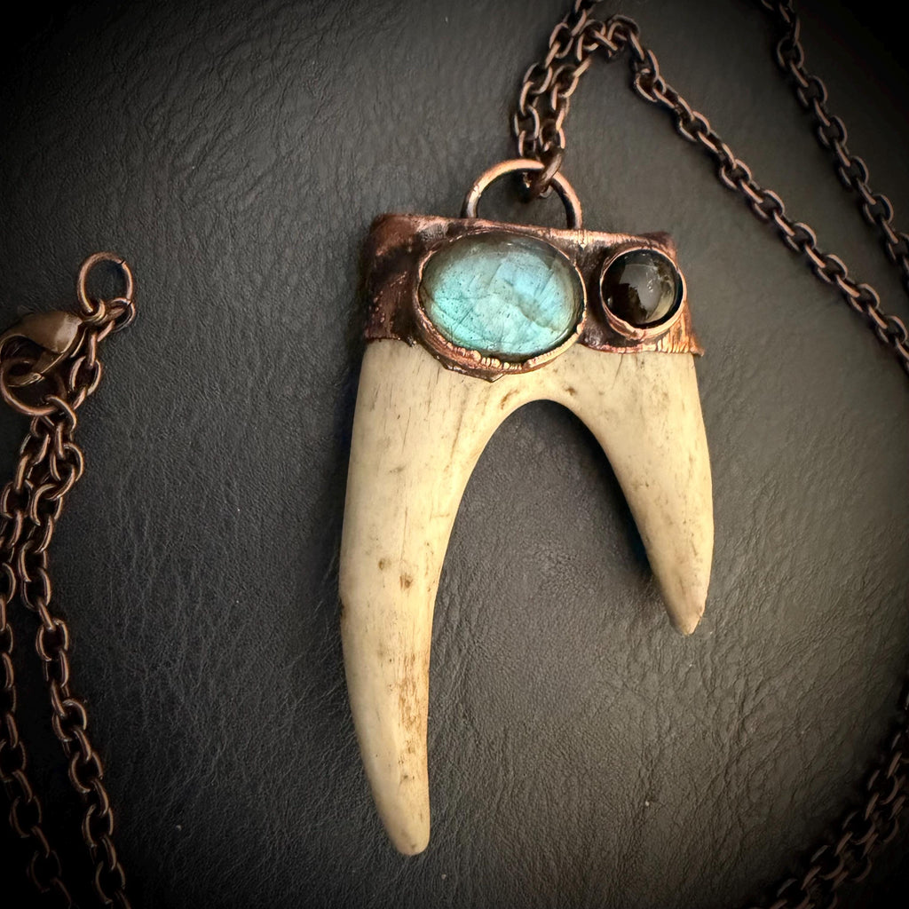 Electroformed Antler Necklace with Labradorite & Obsidian – Copper Nature Jewelry