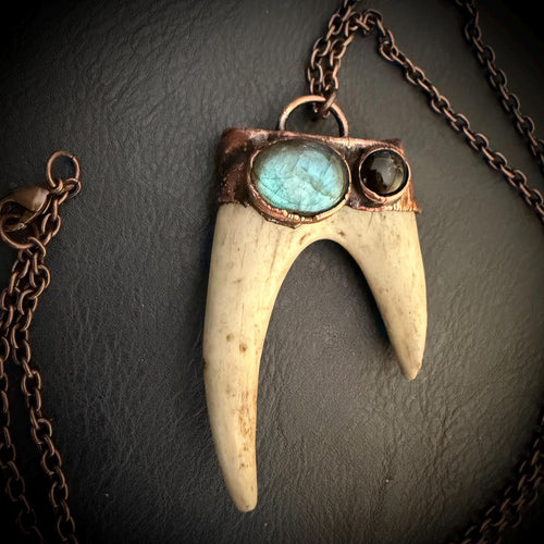 Electroformed Antler Necklace with Labradorite & Obsidian – Copper Nature Jewelry