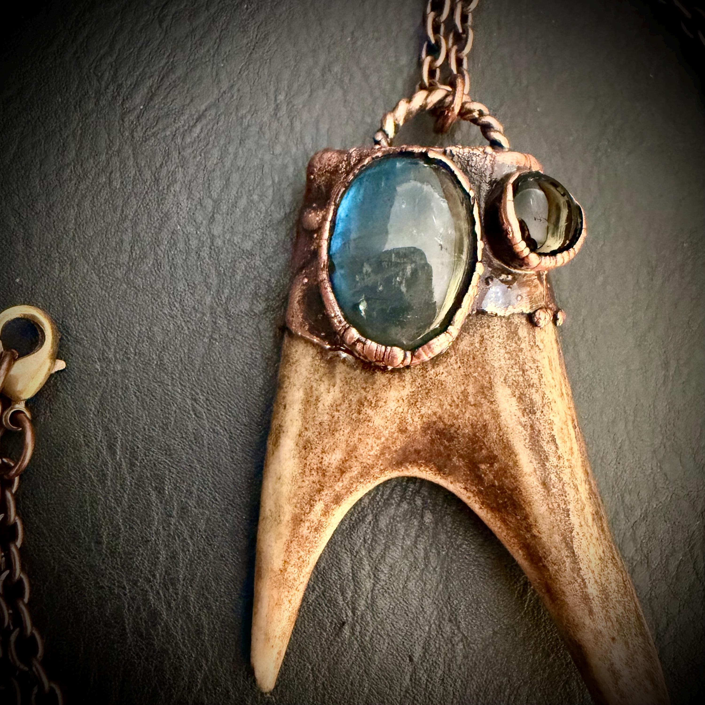 Electroformed Antler Necklace with Labradorite & Obsidian – Copper Nature Jewelry