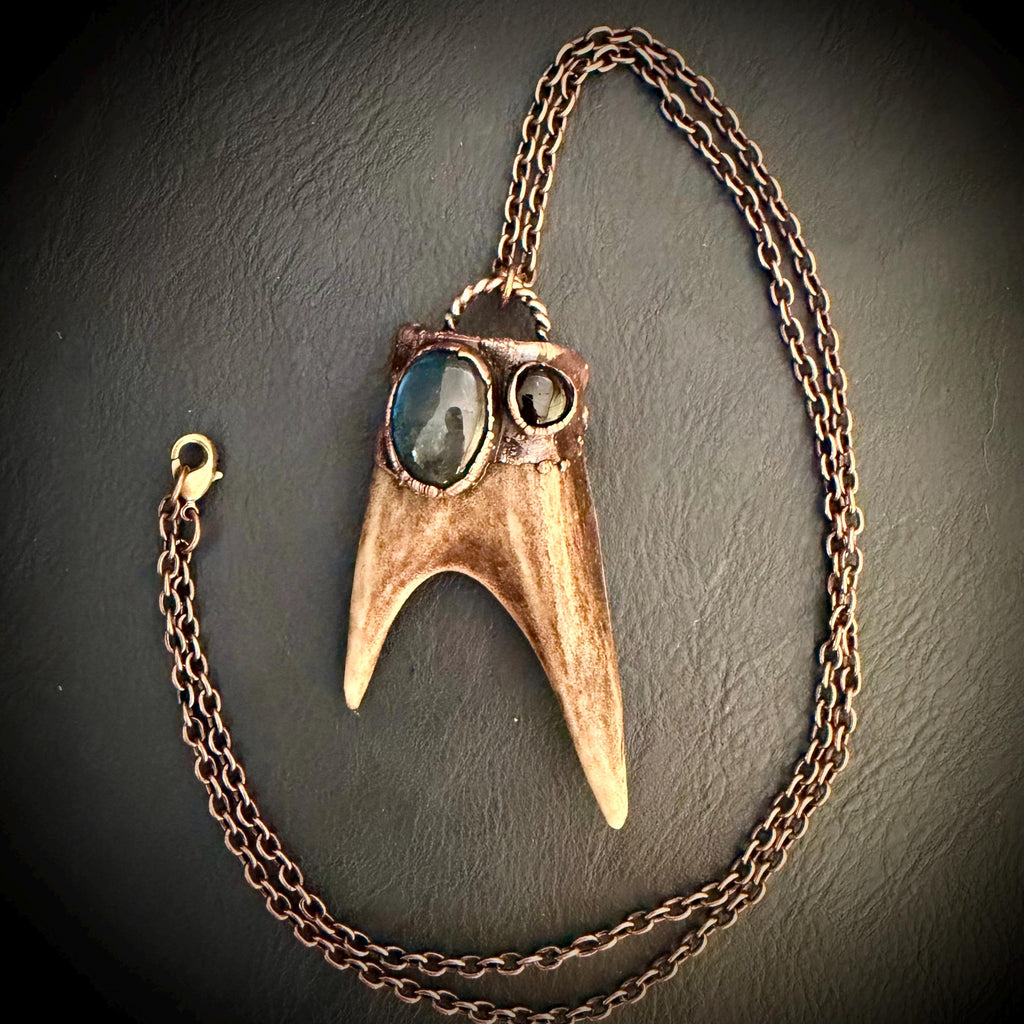 Electroformed Antler Necklace with Labradorite & Obsidian – Copper Nature Jewelry