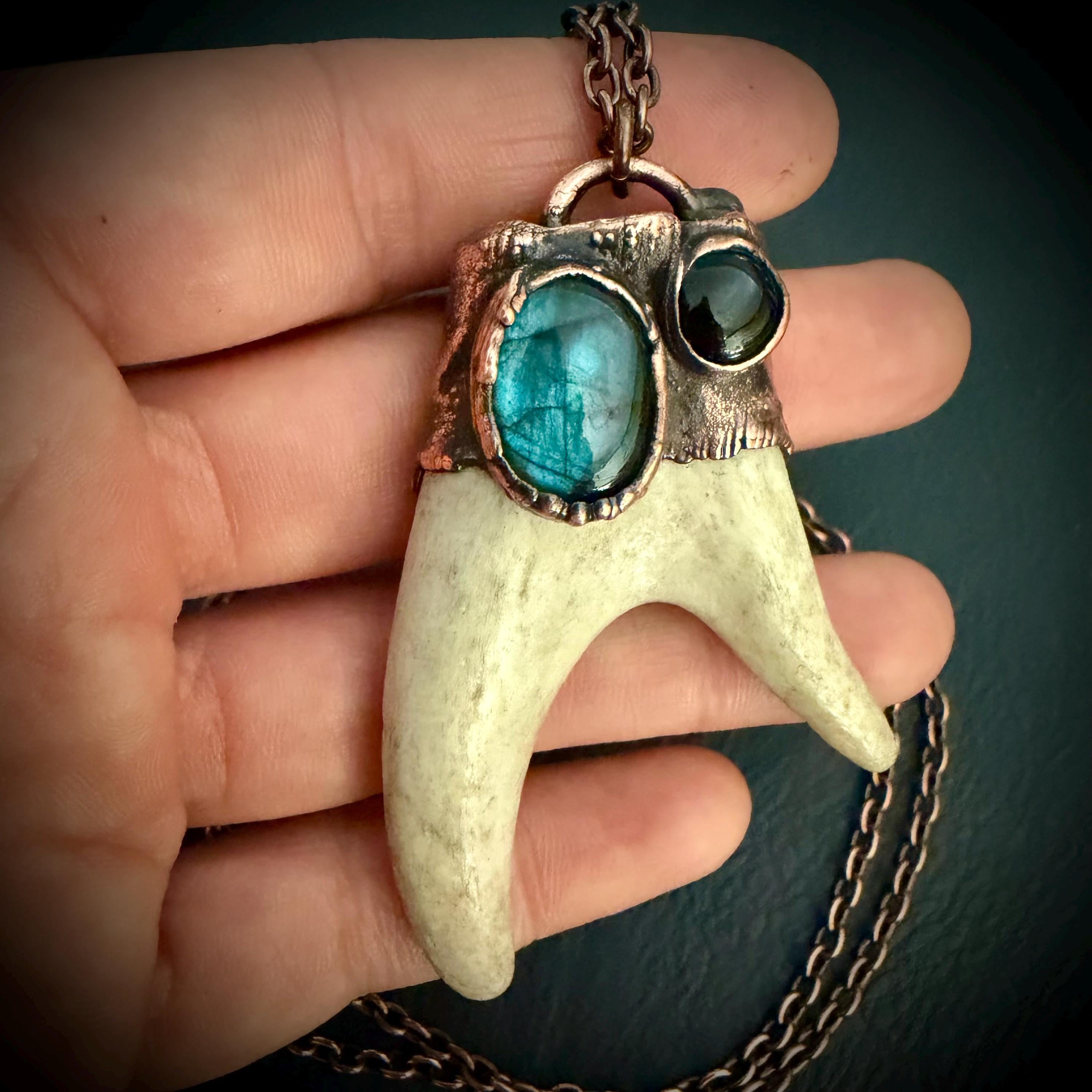Electroformed Antler Necklace with Labradorite & Obsidian – Copper Nature Jewelry