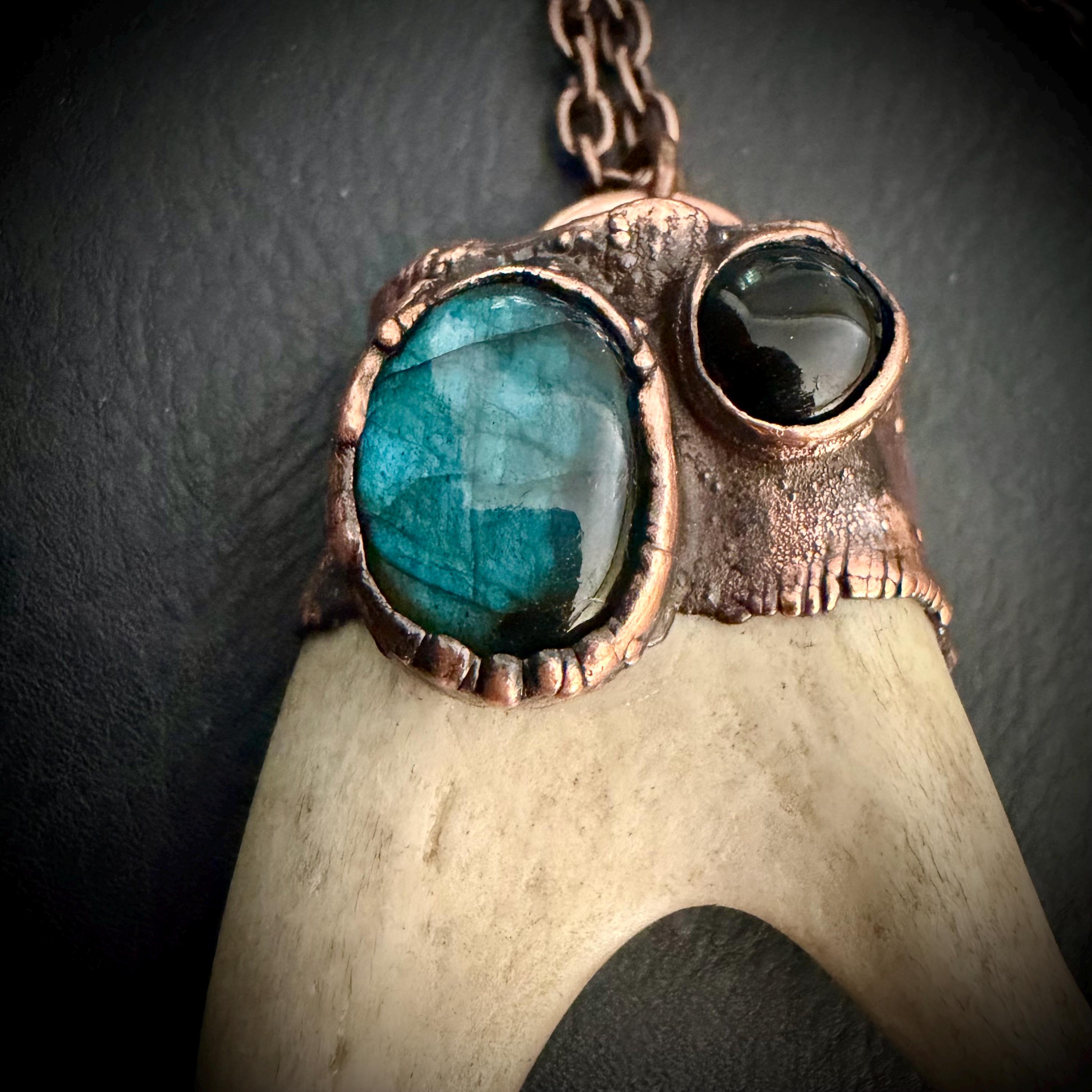 Electroformed Antler Necklace with Labradorite & Obsidian – Copper Nature Jewelry
