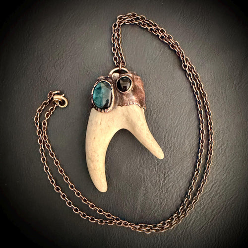 Electroformed Antler Necklace with Labradorite & Obsidian – Copper Nature Jewelry
