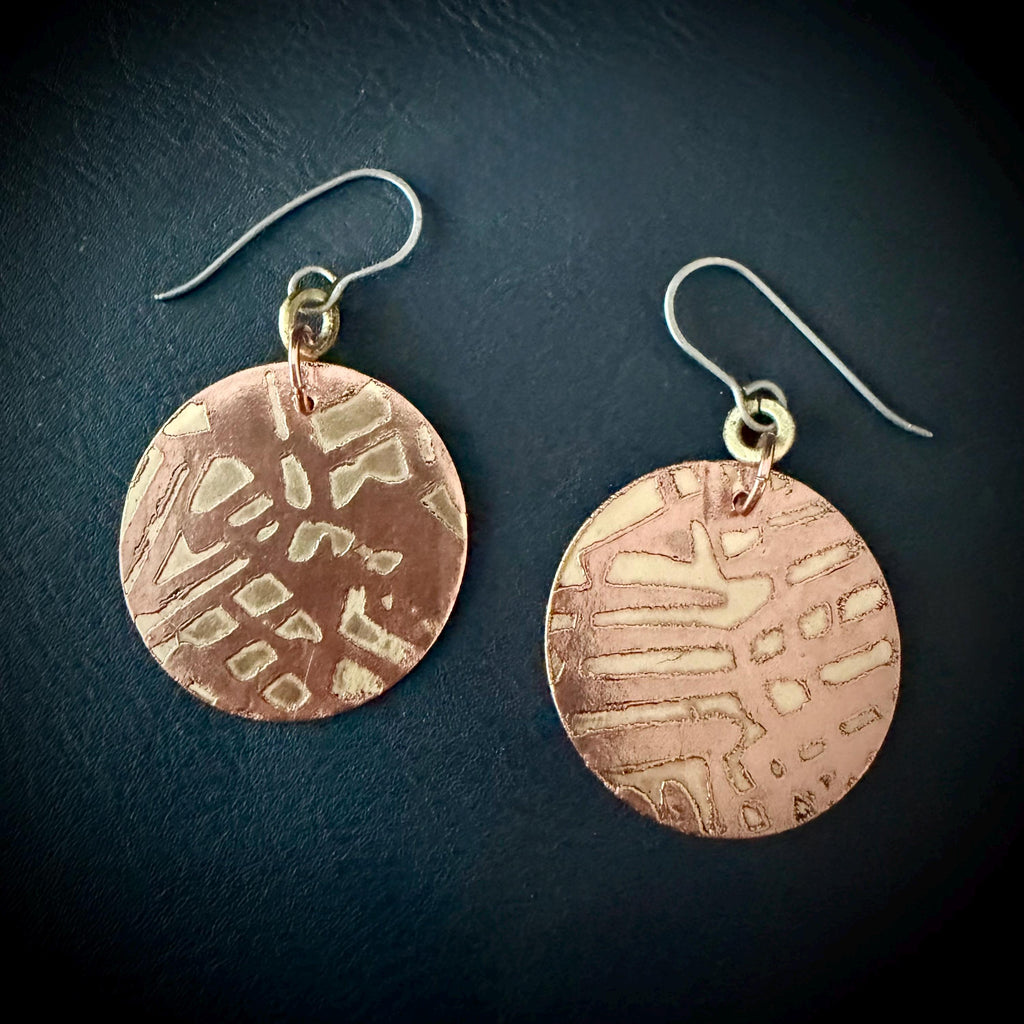 Copper & Brass Circle Earrings | Handcrafted Mixed Metal Statement Earrings | Titanium Ear Wires