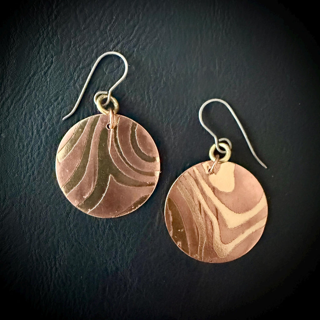 Copper & Brass Circle Earrings | Handcrafted Mixed Metal Statement Earrings | Titanium Ear Wires