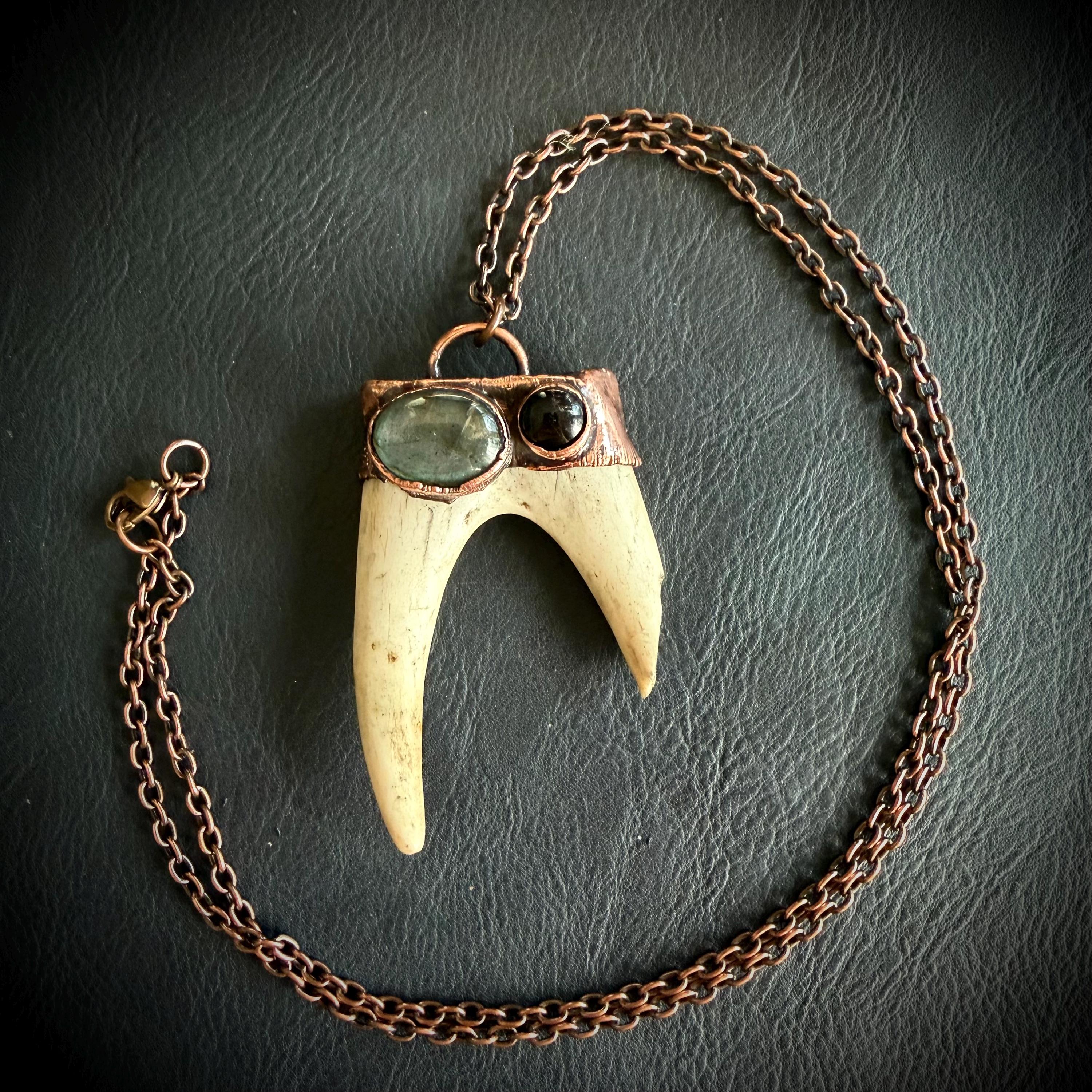 Electroformed Antler Necklace with Labradorite & Obsidian – Copper Nature Jewelry