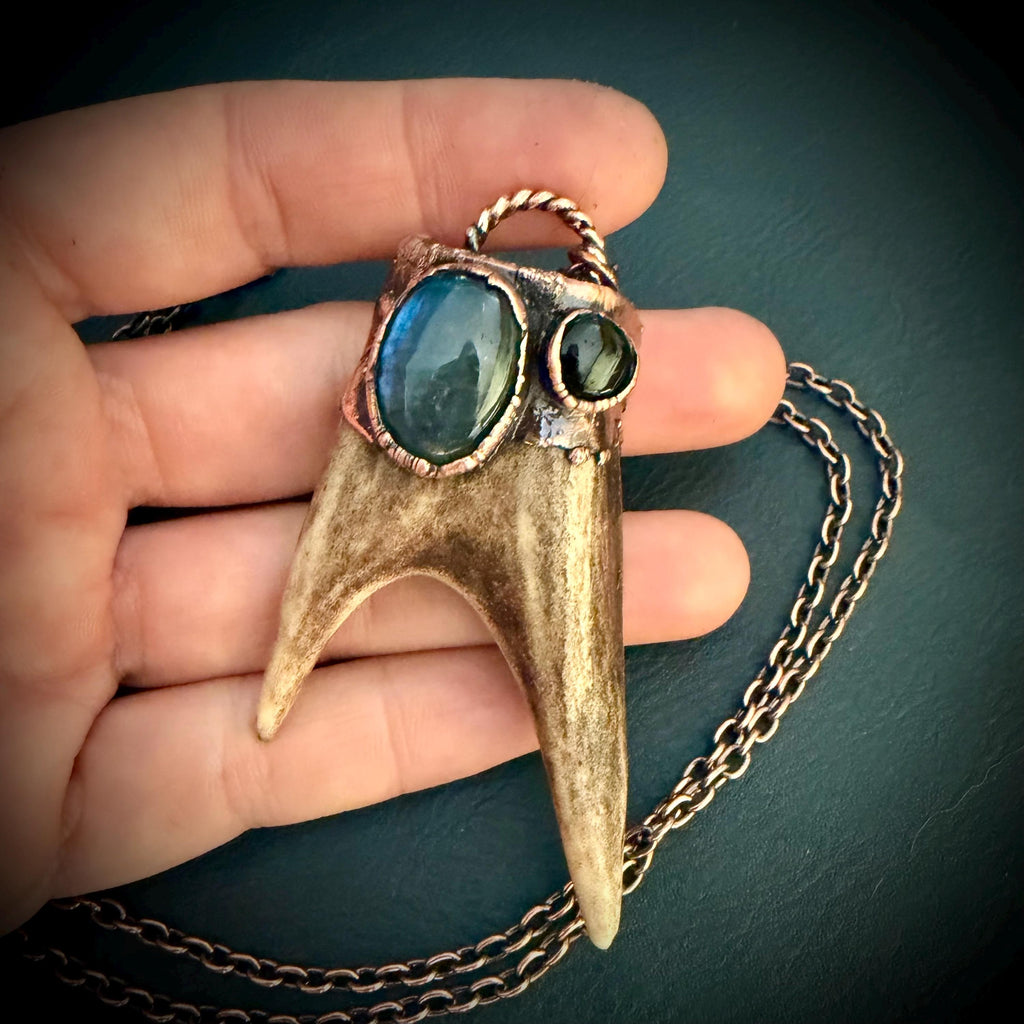 Electroformed Antler Necklace with Labradorite & Obsidian – Copper Nature Jewelry