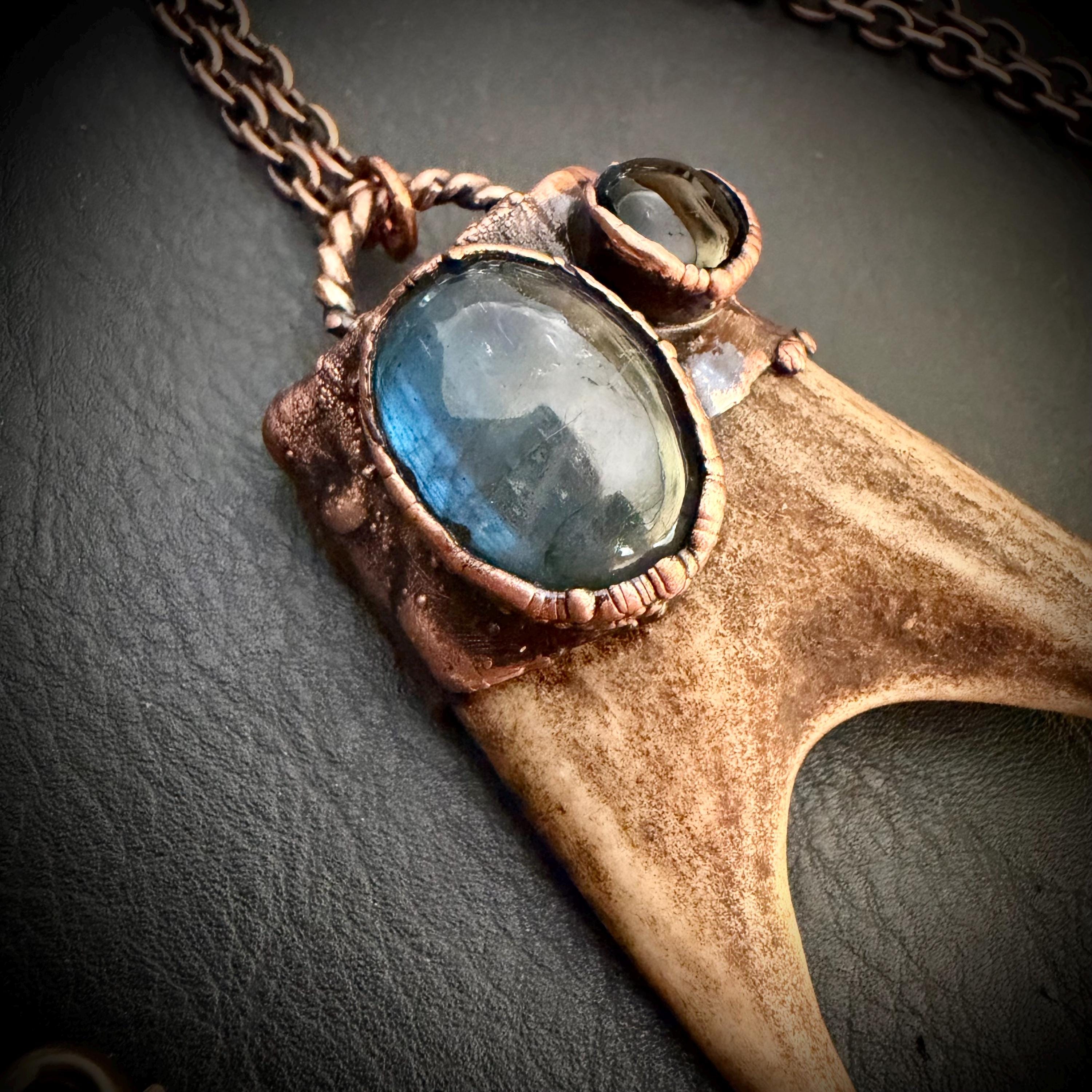 Electroformed Antler Necklace with Labradorite & Obsidian – Copper Nature Jewelry