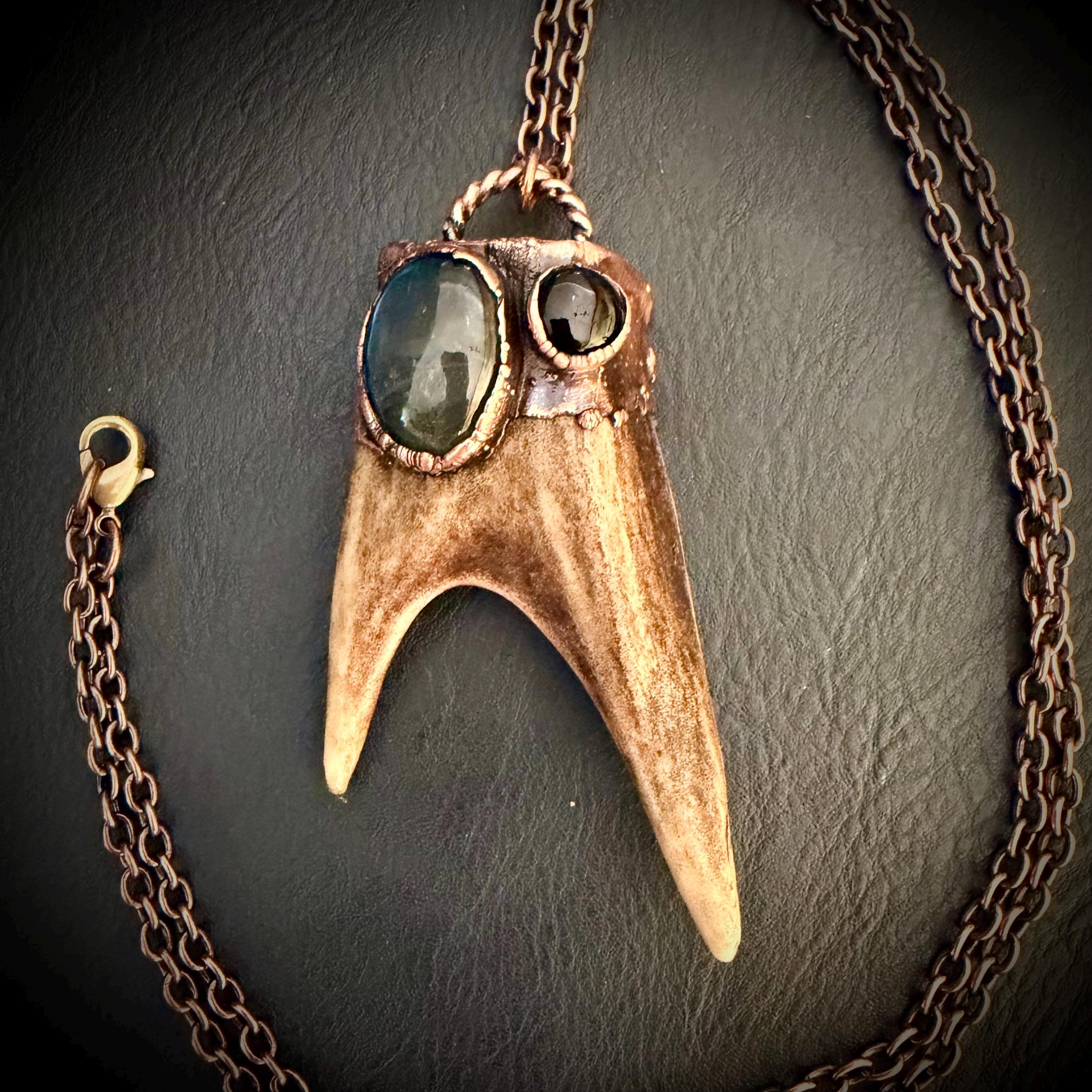 Electroformed Antler Necklace with Labradorite & Obsidian – Copper Nature Jewelry