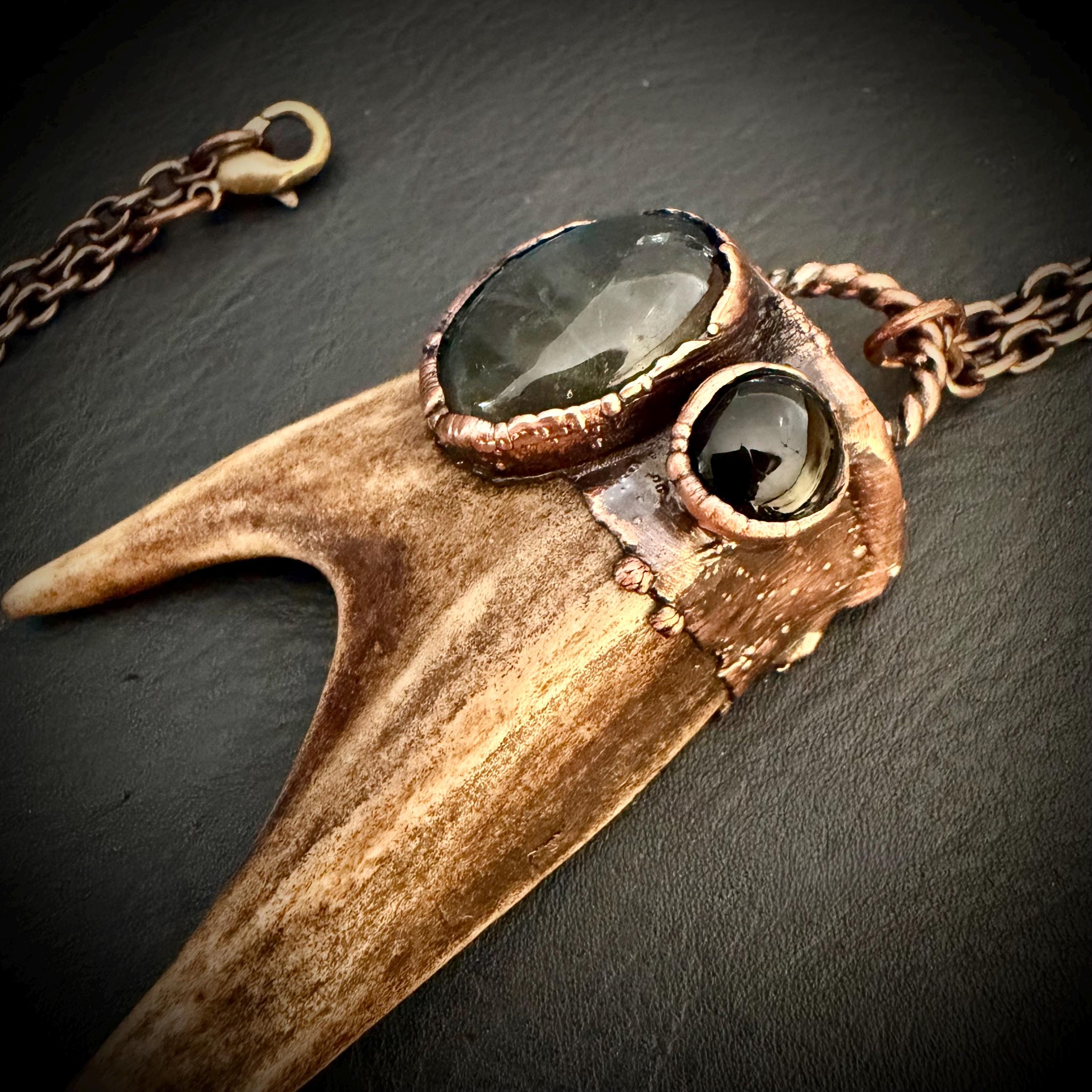 Electroformed Antler Necklace with Labradorite & Obsidian – Copper Nature Jewelry