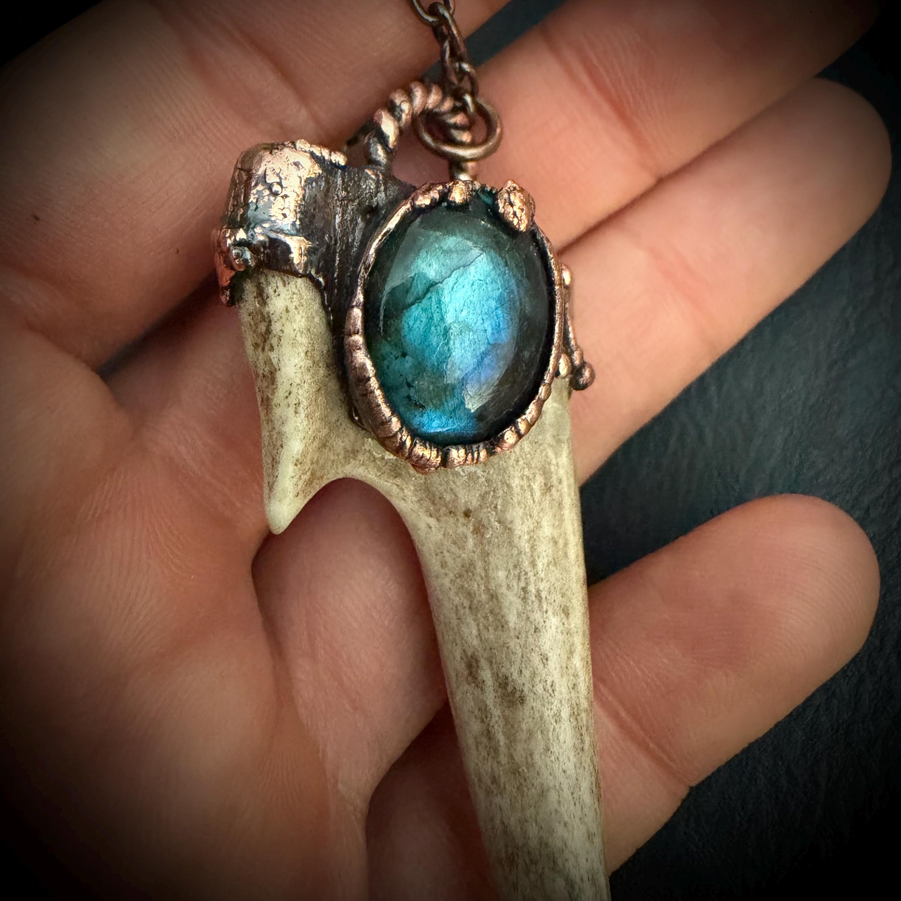 Electroformed Antler Necklace with Labradorite – Copper Nature Jewelry
