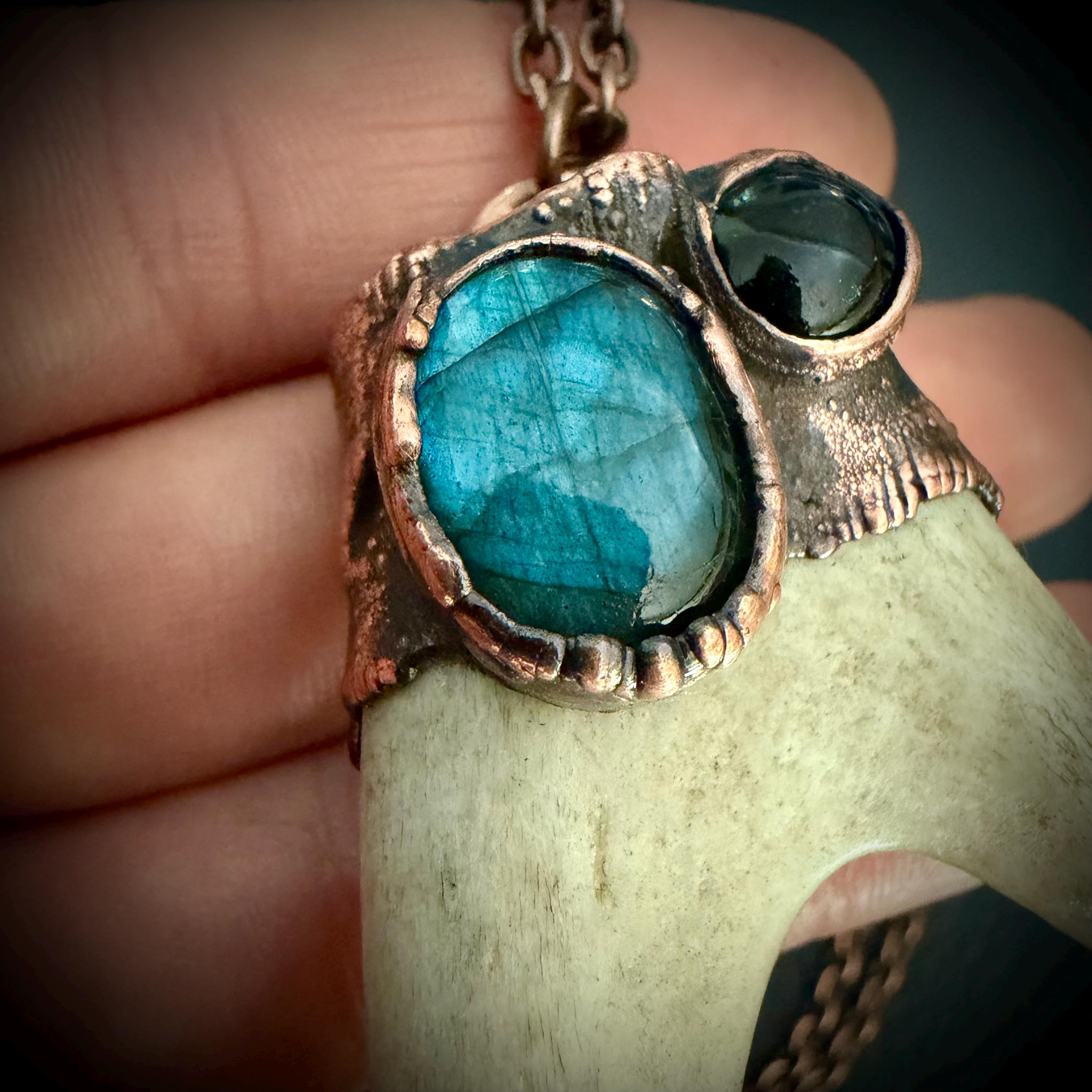 Electroformed Antler Necklace with Labradorite & Obsidian – Copper Nature Jewelry