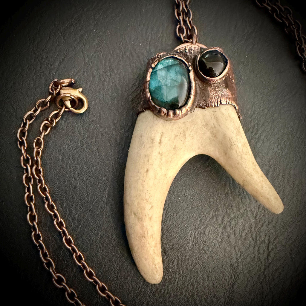Electroformed Antler Necklace with Labradorite & Obsidian – Copper Nature Jewelry
