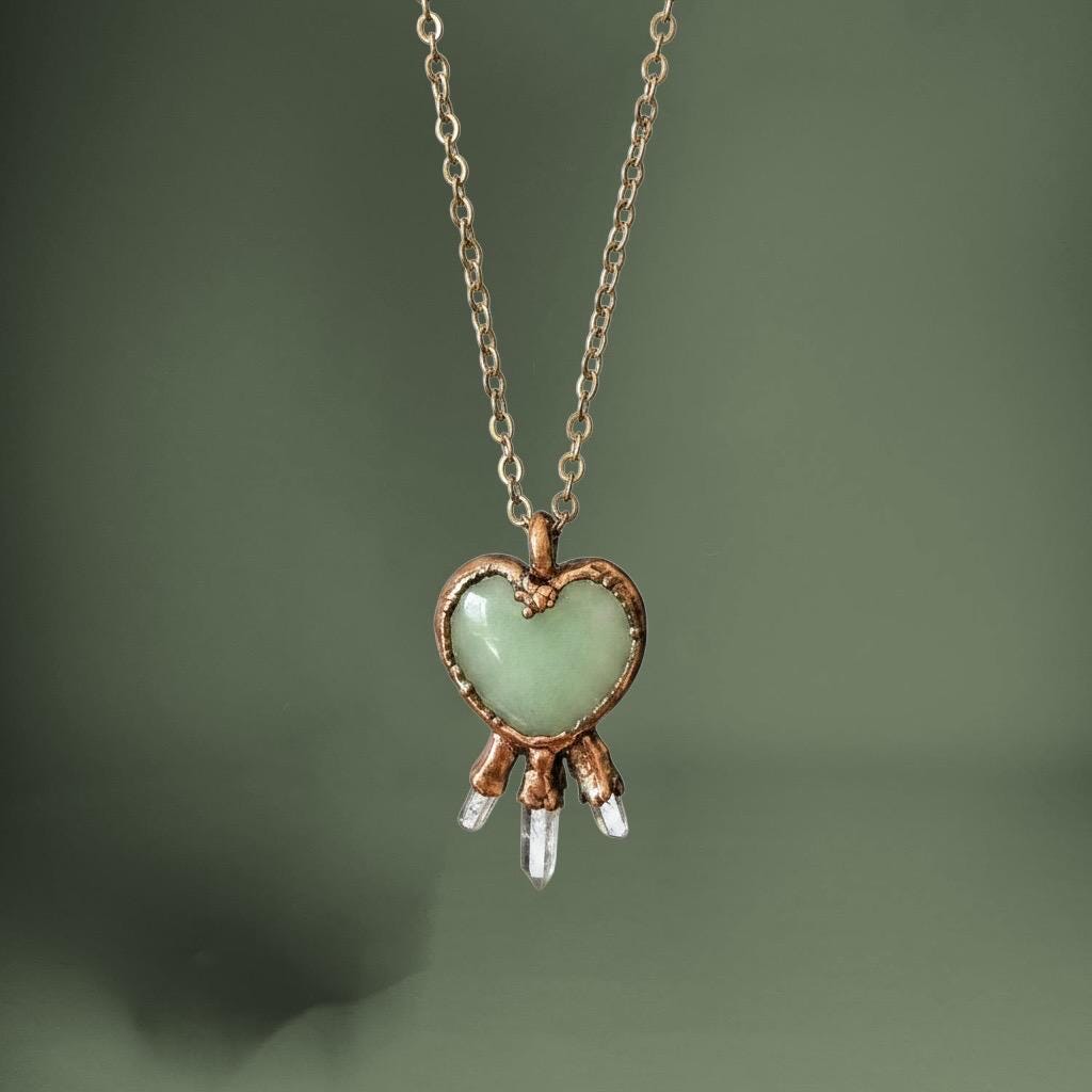 Green Aventurine Heart Necklace with Three Quartz Crystal Points | Electroformed Copper Pendant | Handmade Crystal Jewelry | Boho Healing Ne