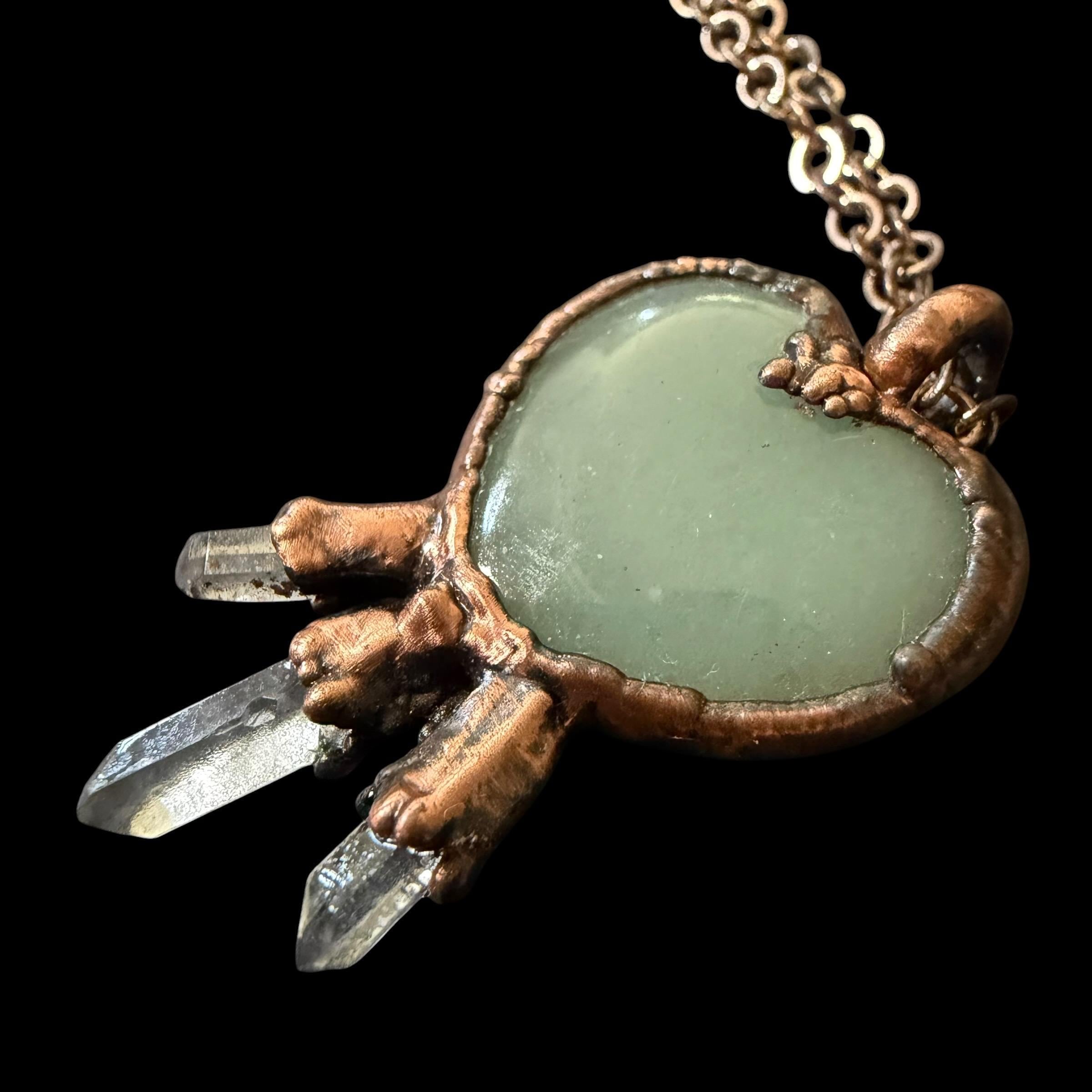Green Aventurine Heart Necklace with Three Quartz Crystal Points | Electroformed Copper Pendant | Handmade Crystal Jewelry | Boho Healing Ne