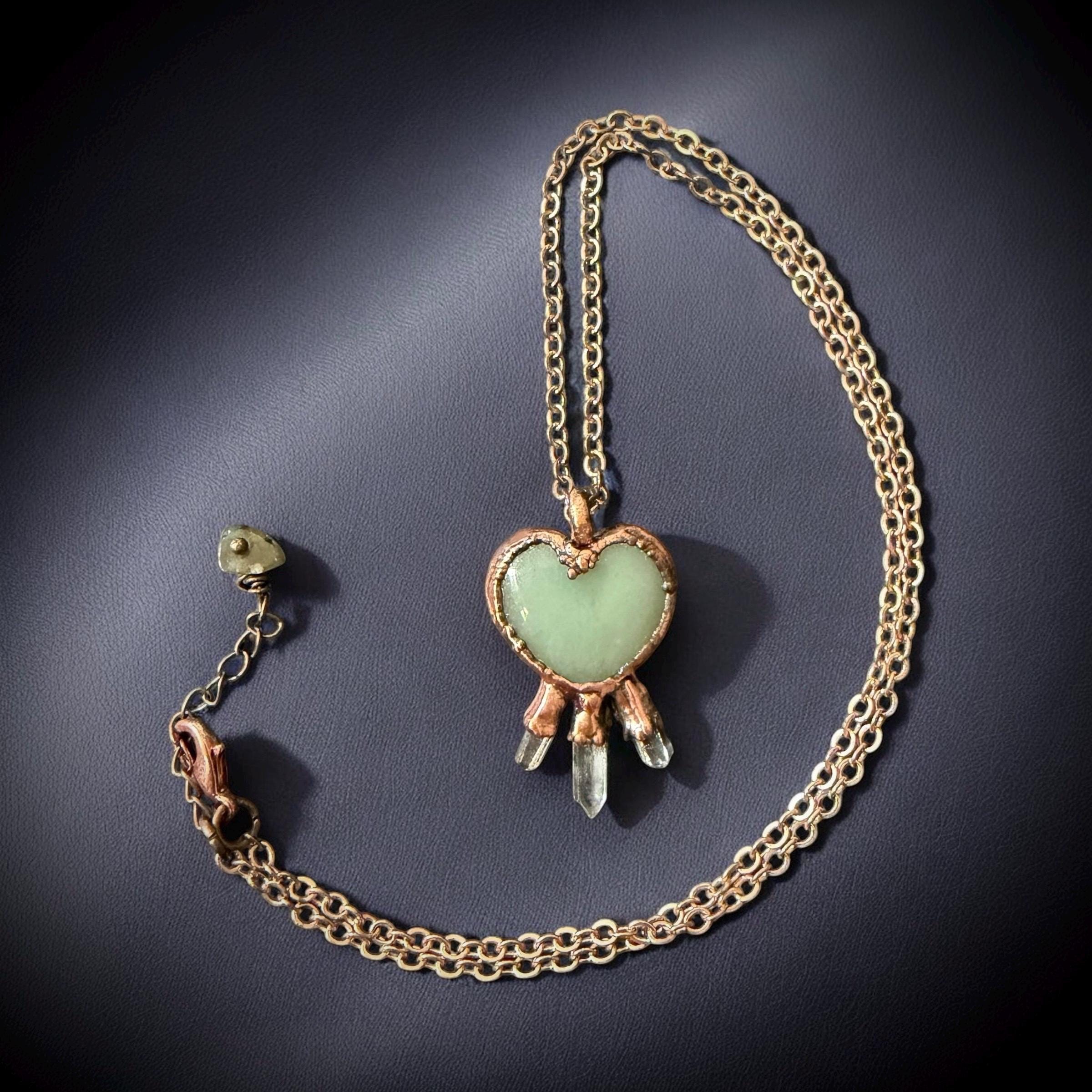 Green Aventurine Heart Necklace with Three Quartz Crystal Points | Electroformed Copper Pendant | Handmade Crystal Jewelry | Boho Healing Ne