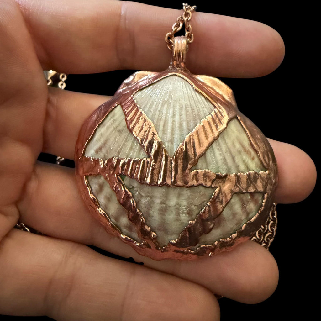 Real Sea Shell Electroformed Copper Necklace | Handmade Coastal Pendant | Rose Gold Stainless Steel Chain | One-of-a-Kind Beach Jewelry