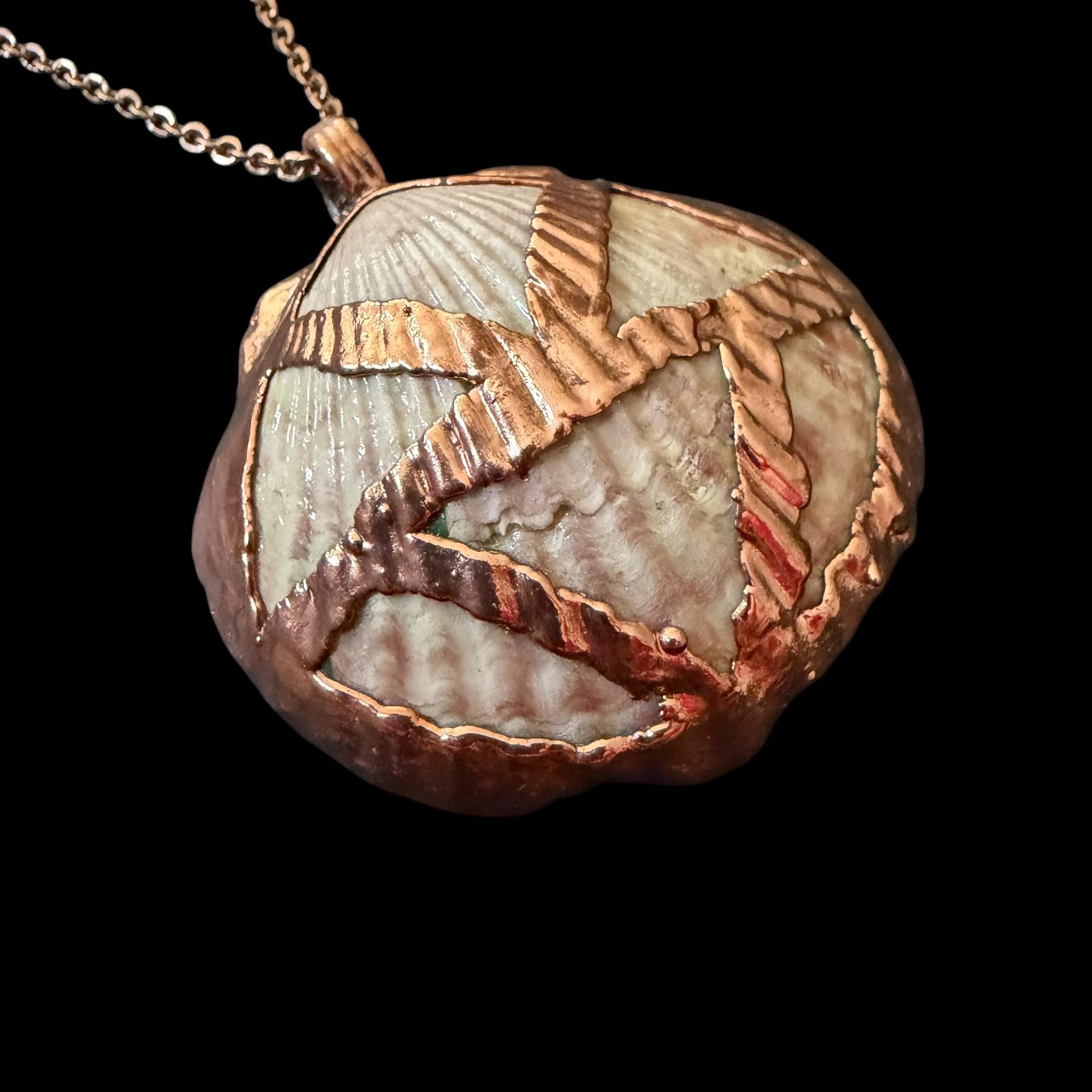 Real Sea Shell Electroformed Copper Necklace | Handmade Coastal Pendant | Rose Gold Stainless Steel Chain | One-of-a-Kind Beach Jewelry