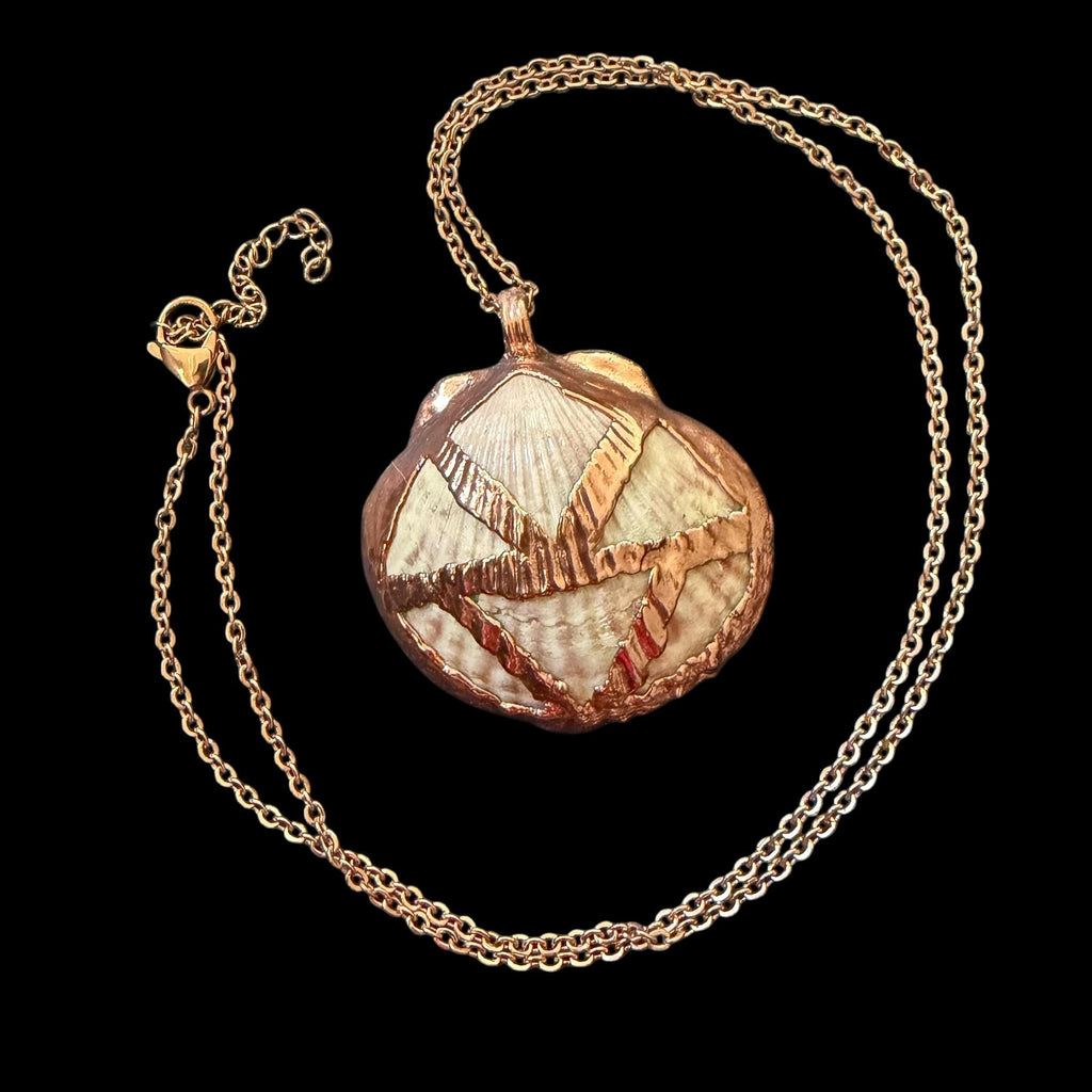 Real Sea Shell Electroformed Copper Necklace | Handmade Coastal Pendant | Rose Gold Stainless Steel Chain | One-of-a-Kind Beach Jewelry