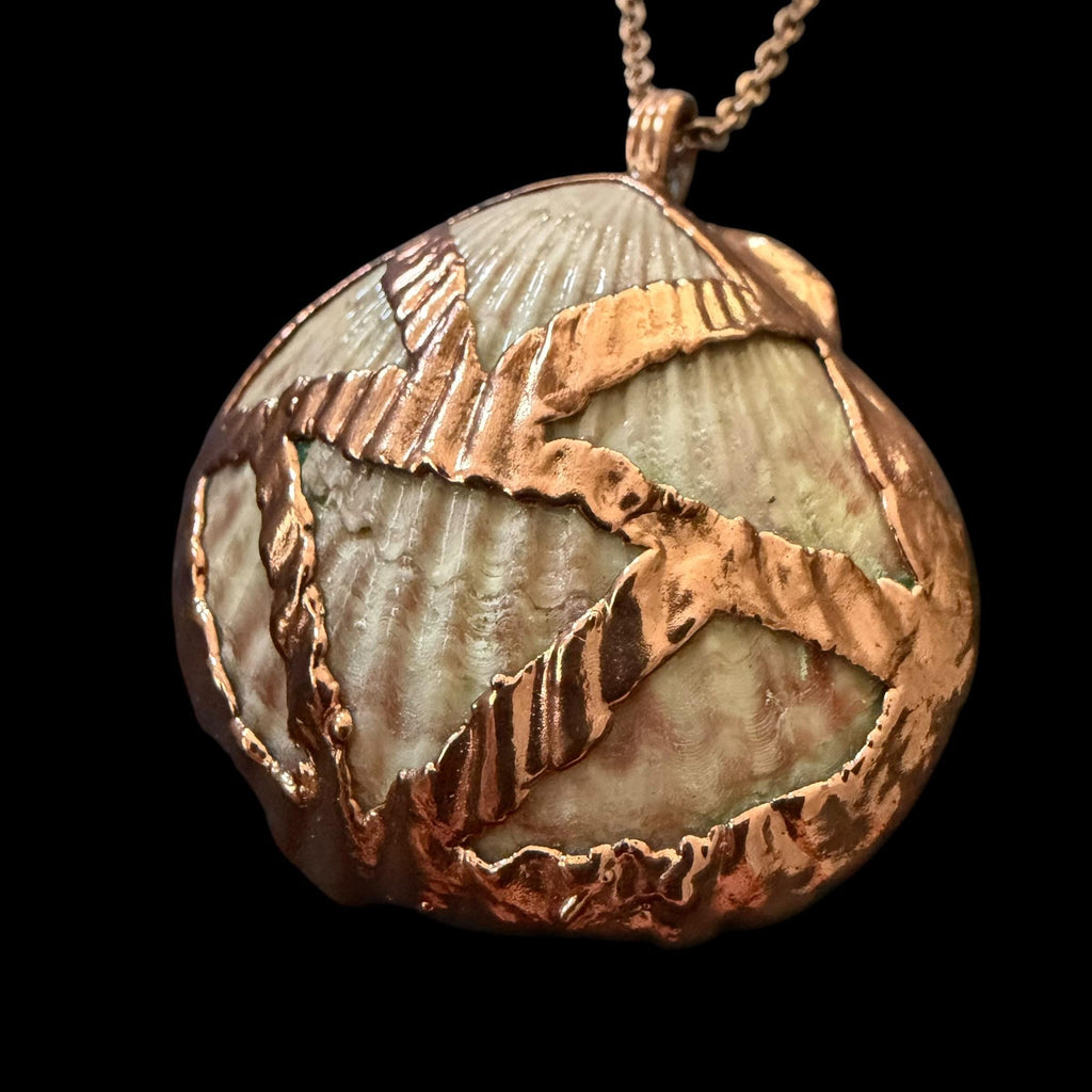 Real Sea Shell Electroformed Copper Necklace | Handmade Coastal Pendant | Rose Gold Stainless Steel Chain | One-of-a-Kind Beach Jewelry