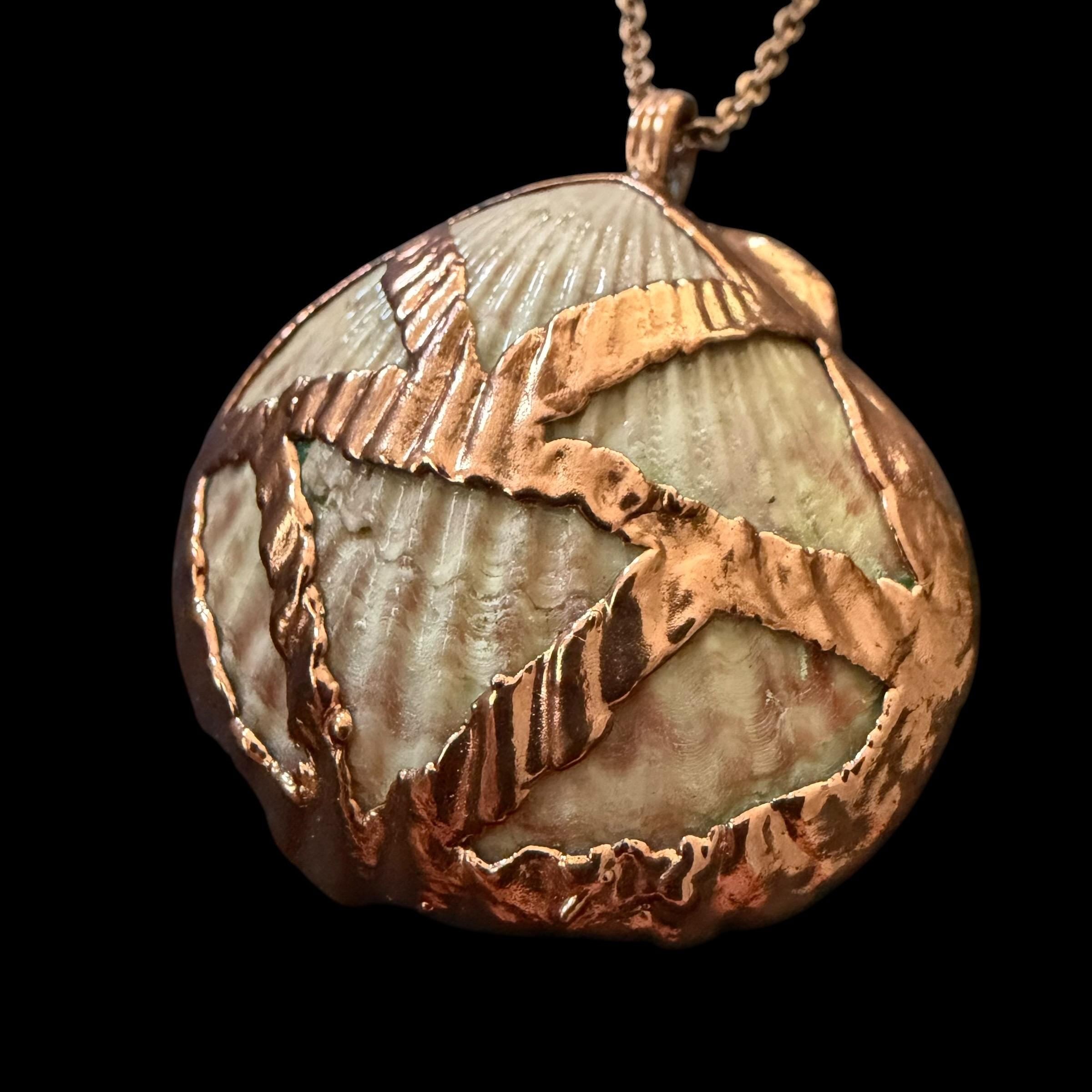 Real Sea Shell Electroformed Copper Necklace | Handmade Coastal Pendant | Rose Gold Stainless Steel Chain | One-of-a-Kind Beach Jewelry