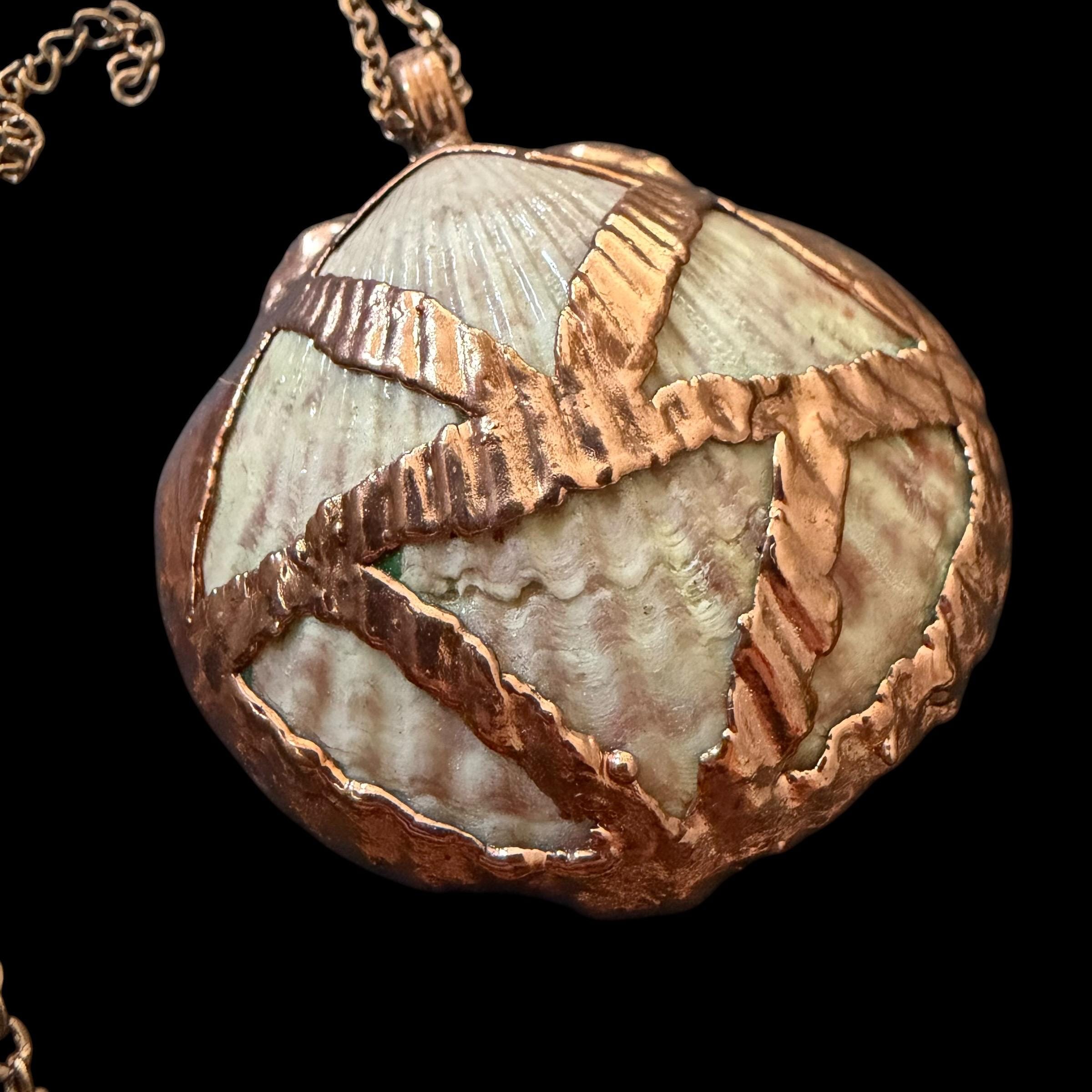 Real Sea Shell Electroformed Copper Necklace | Handmade Coastal Pendant | Rose Gold Stainless Steel Chain | One-of-a-Kind Beach Jewelry