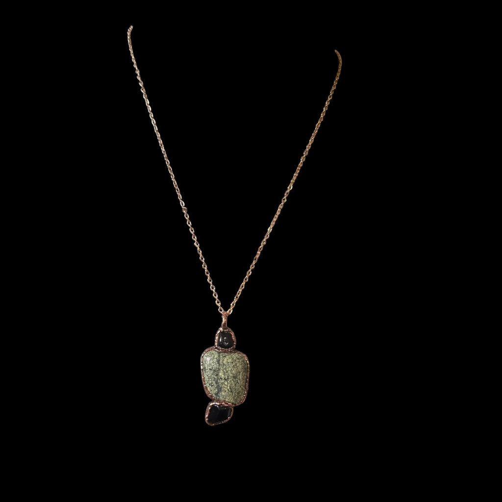Green Lace Agate & Black Obsidian Necklace | Natural Gemstone Necklace | Electroformed Copper Jewelry | Handmade Green Crystal Pendant