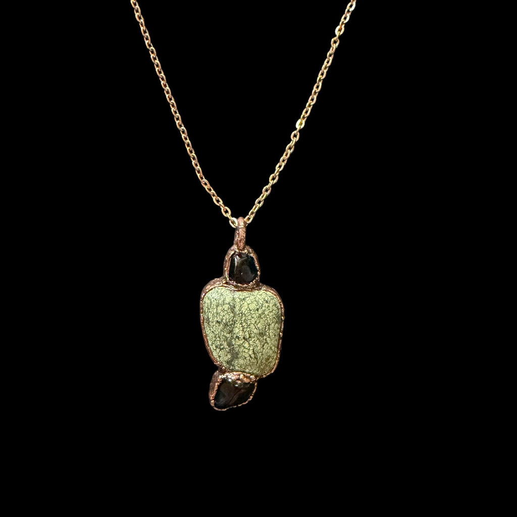 Green Lace Agate & Black Obsidian Necklace | Natural Gemstone Necklace | Electroformed Copper Jewelry | Handmade Green Crystal Pendant
