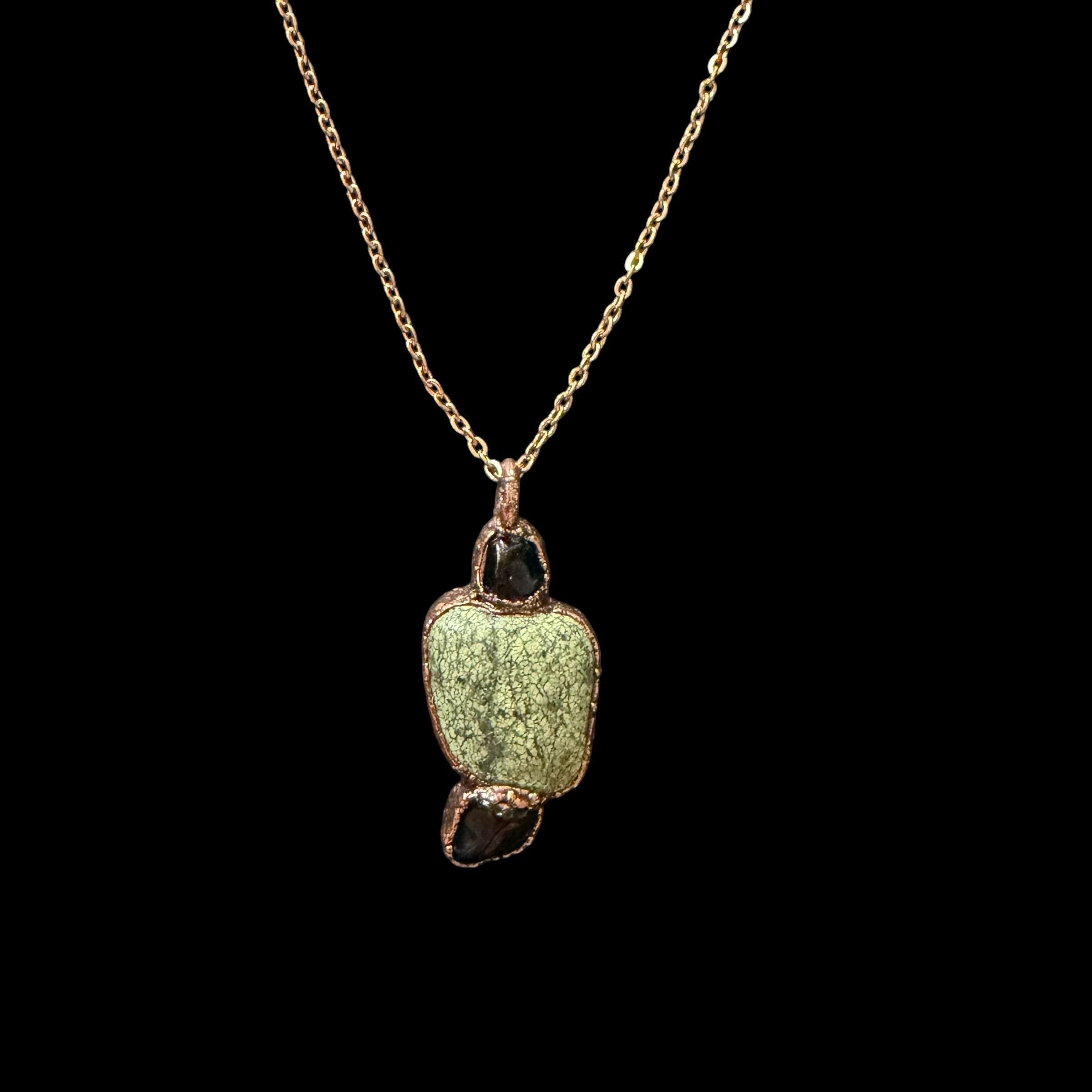 Green Lace Agate & Black Obsidian Necklace | Natural Gemstone Necklace | Electroformed Copper Jewelry | Handmade Green Crystal Pendant
