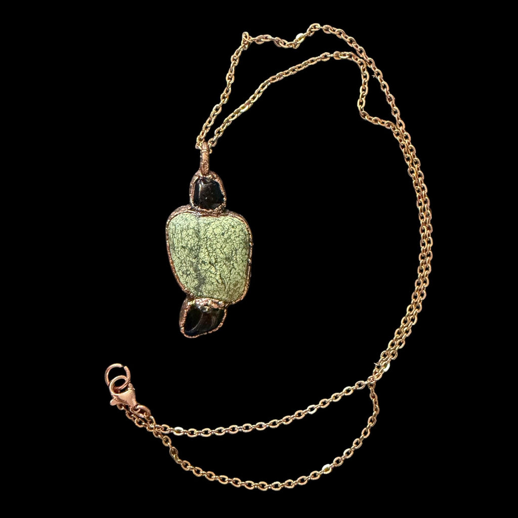 Green Lace Agate & Black Obsidian Necklace | Natural Gemstone Necklace | Electroformed Copper Jewelry | Handmade Green Crystal Pendant