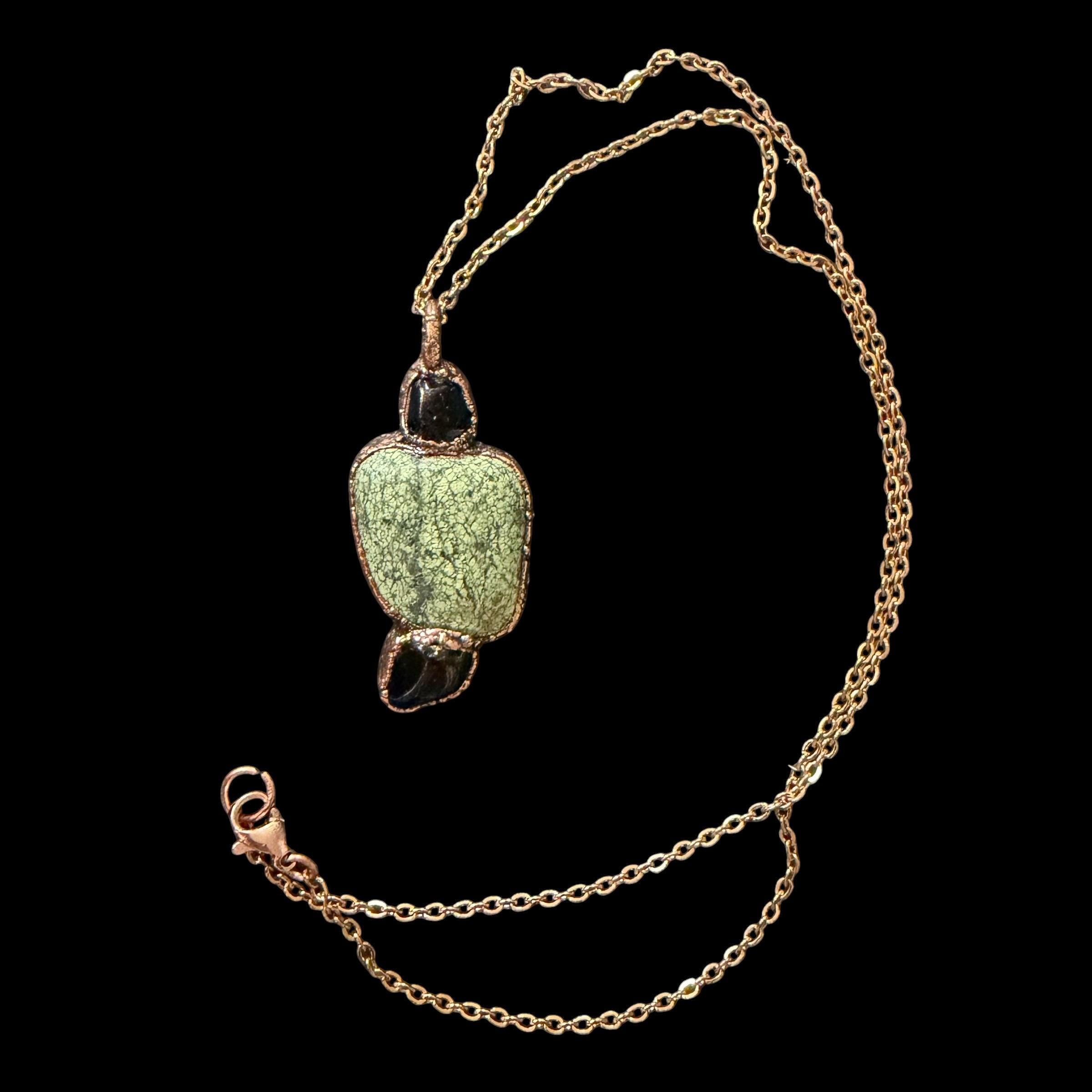 Green Lace Agate & Black Obsidian Necklace | Natural Gemstone Necklace | Electroformed Copper Jewelry | Handmade Green Crystal Pendant