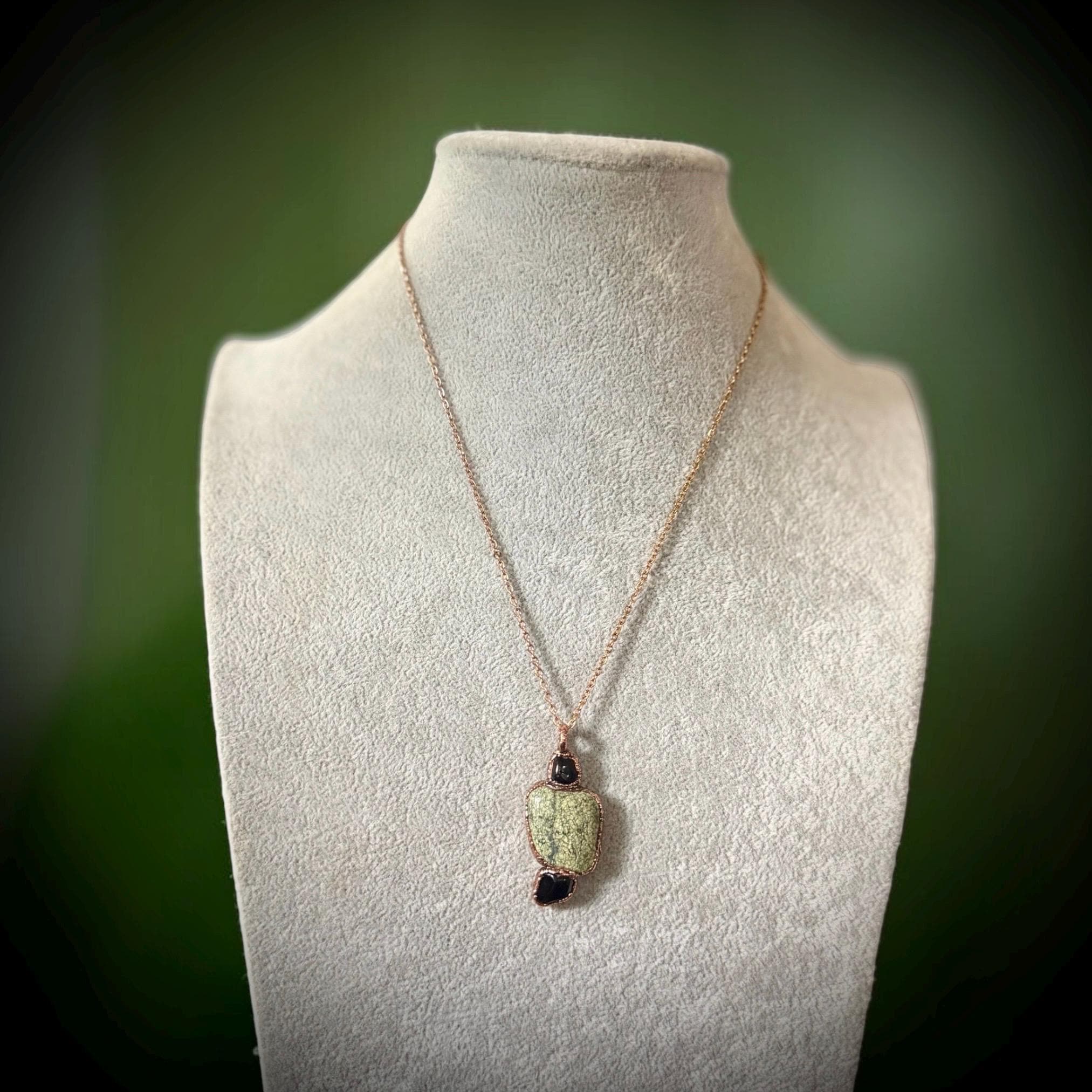 Green Lace Agate & Black Obsidian Necklace | Natural Gemstone Necklace | Electroformed Copper Jewelry | Handmade Green Crystal Pendant
