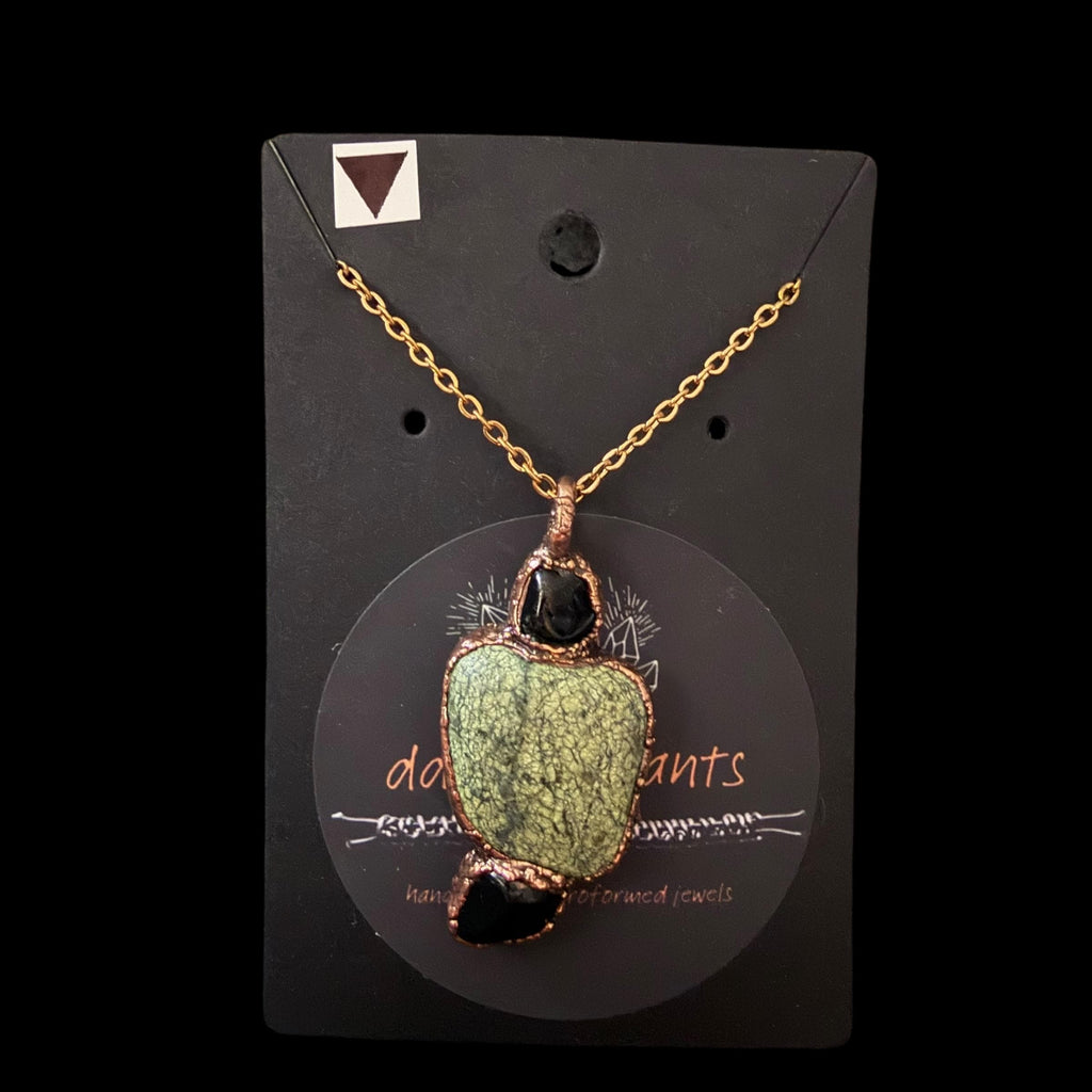 Green Lace Agate & Black Obsidian Necklace | Natural Gemstone Necklace | Electroformed Copper Jewelry | Handmade Green Crystal Pendant