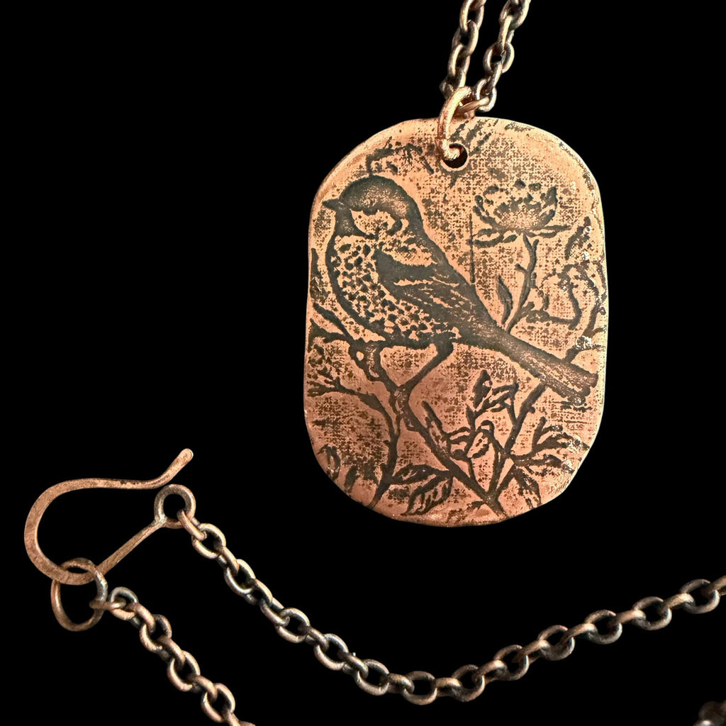 Songbird on a Branch Necklace | Electro Etched Copper Pendant with Wildflowers | Handmade Woodland Nature Jewelry | Boho Bird Gift