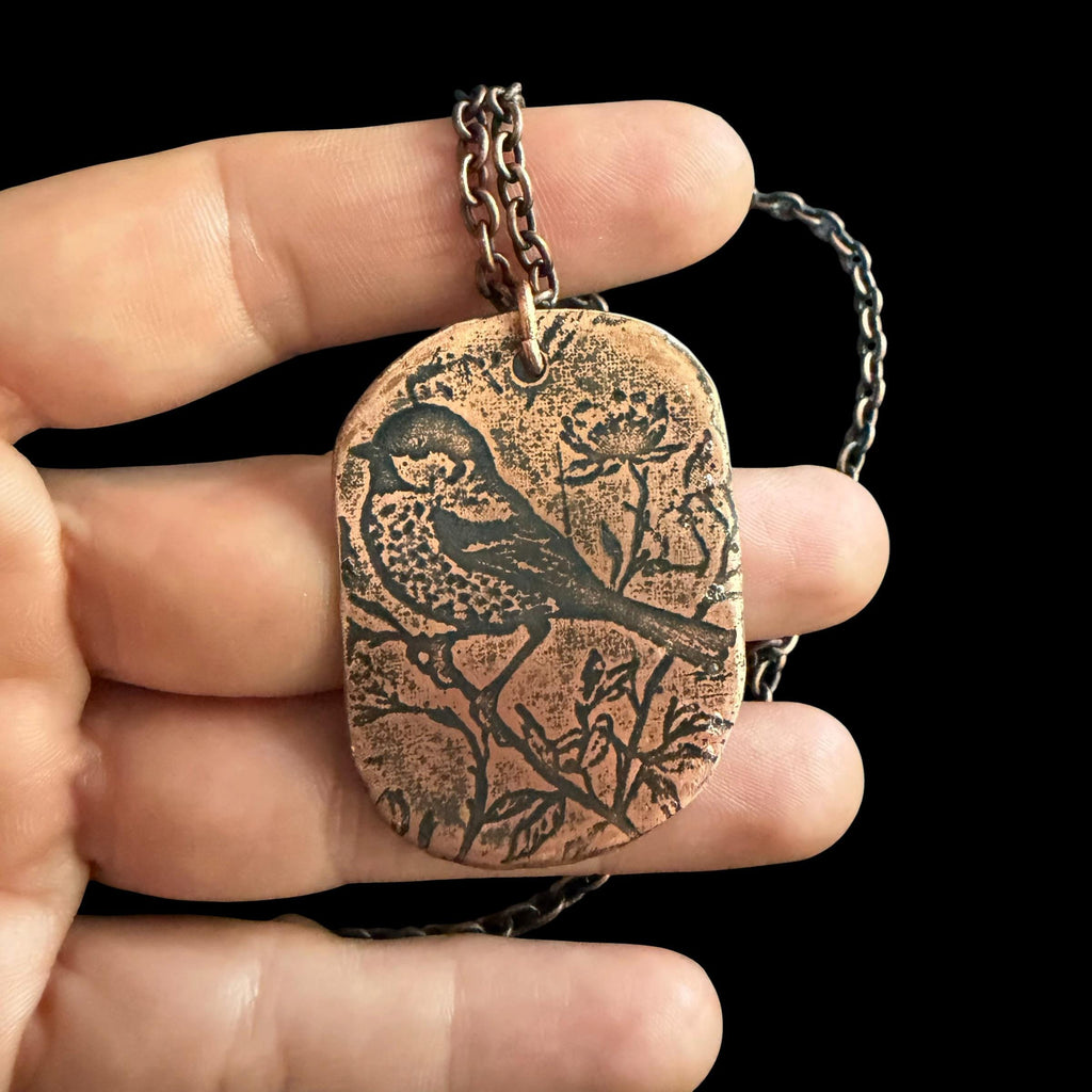 Songbird on a Branch Necklace | Electro Etched Copper Pendant with Wildflowers | Handmade Woodland Nature Jewelry | Boho Bird Gift