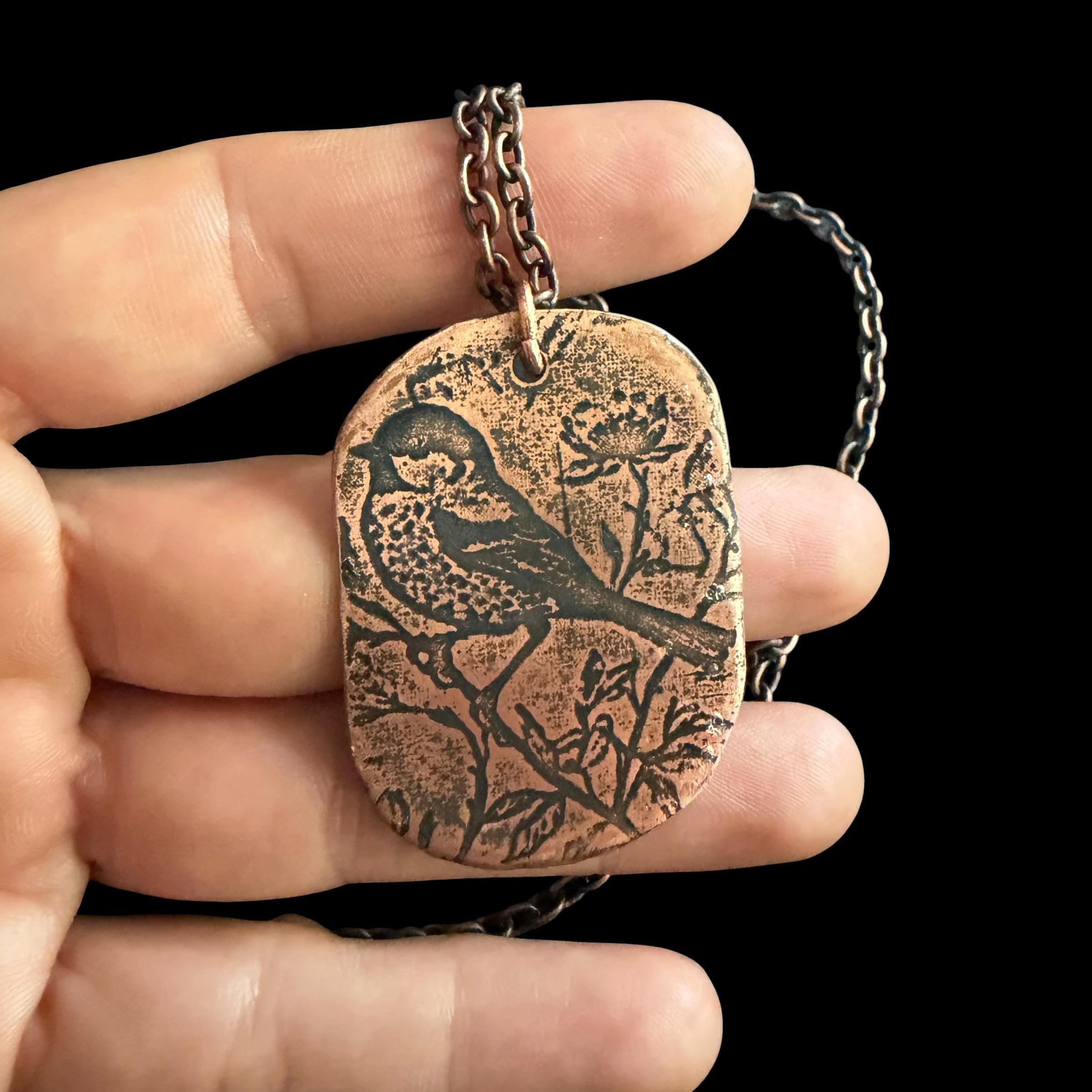 Songbird on a Branch Necklace | Electro Etched Copper Pendant with Wildflowers | Handmade Woodland Nature Jewelry | Boho Bird Gift