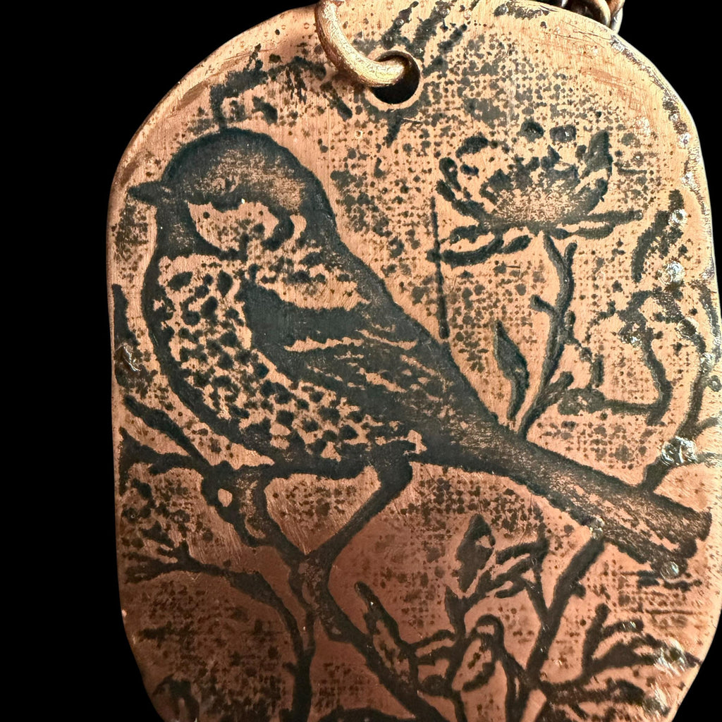 Songbird on a Branch Necklace | Electro Etched Copper Pendant with Wildflowers | Handmade Woodland Nature Jewelry | Boho Bird Gift