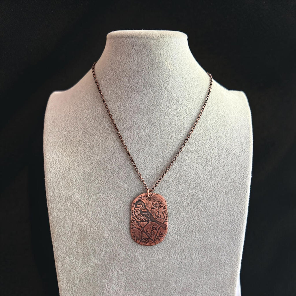 Songbird on a Branch Necklace | Electro Etched Copper Pendant with Wildflowers | Handmade Woodland Nature Jewelry | Boho Bird Gift
