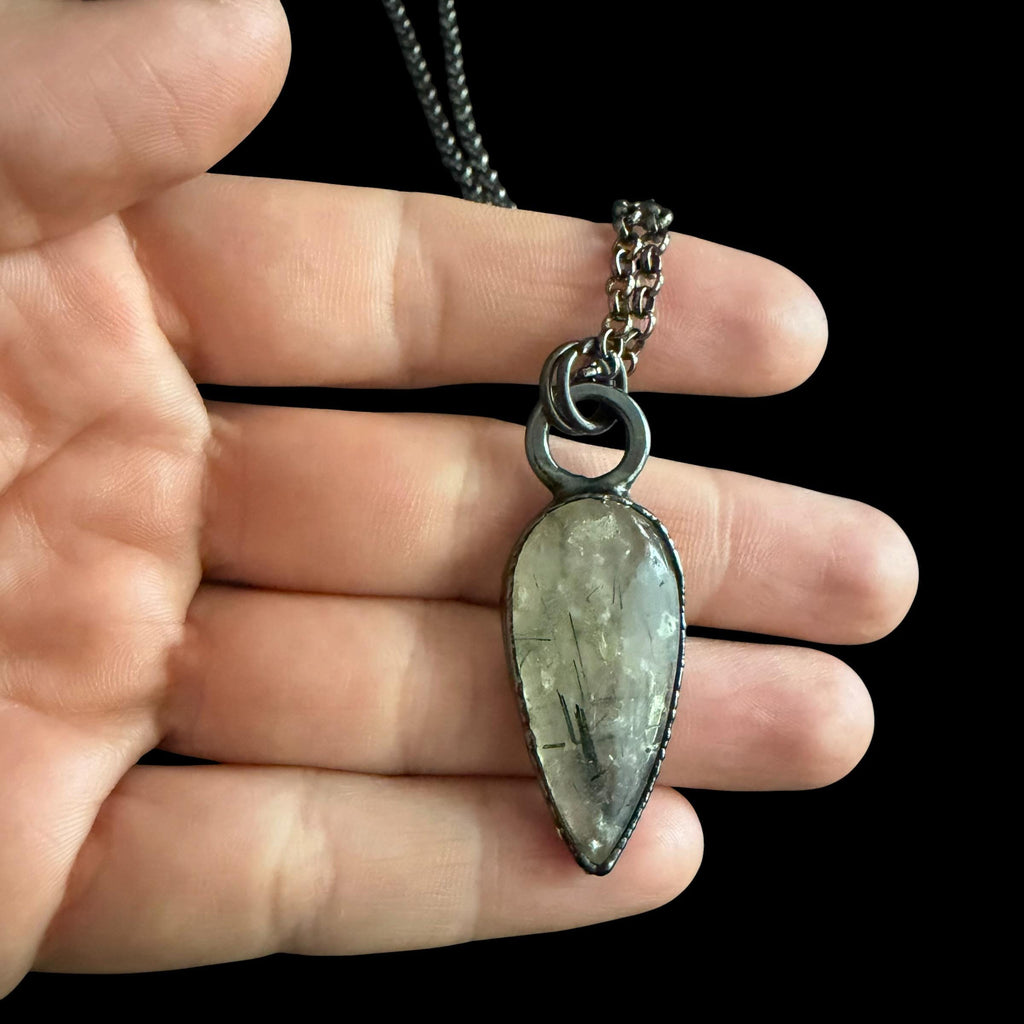Black Tourmalinated Quartz Necklace | Electroformed Teardrop Pendant | Handmade Crystal Jewelry | Boho Protection Necklace