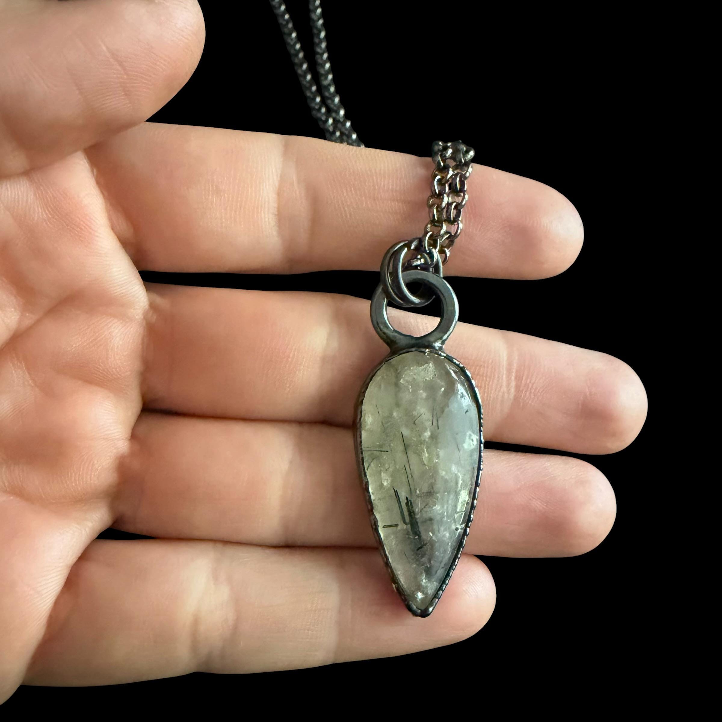 Black Tourmalinated Quartz Necklace | Electroformed Teardrop Pendant | Handmade Crystal Jewelry | Boho Protection Necklace