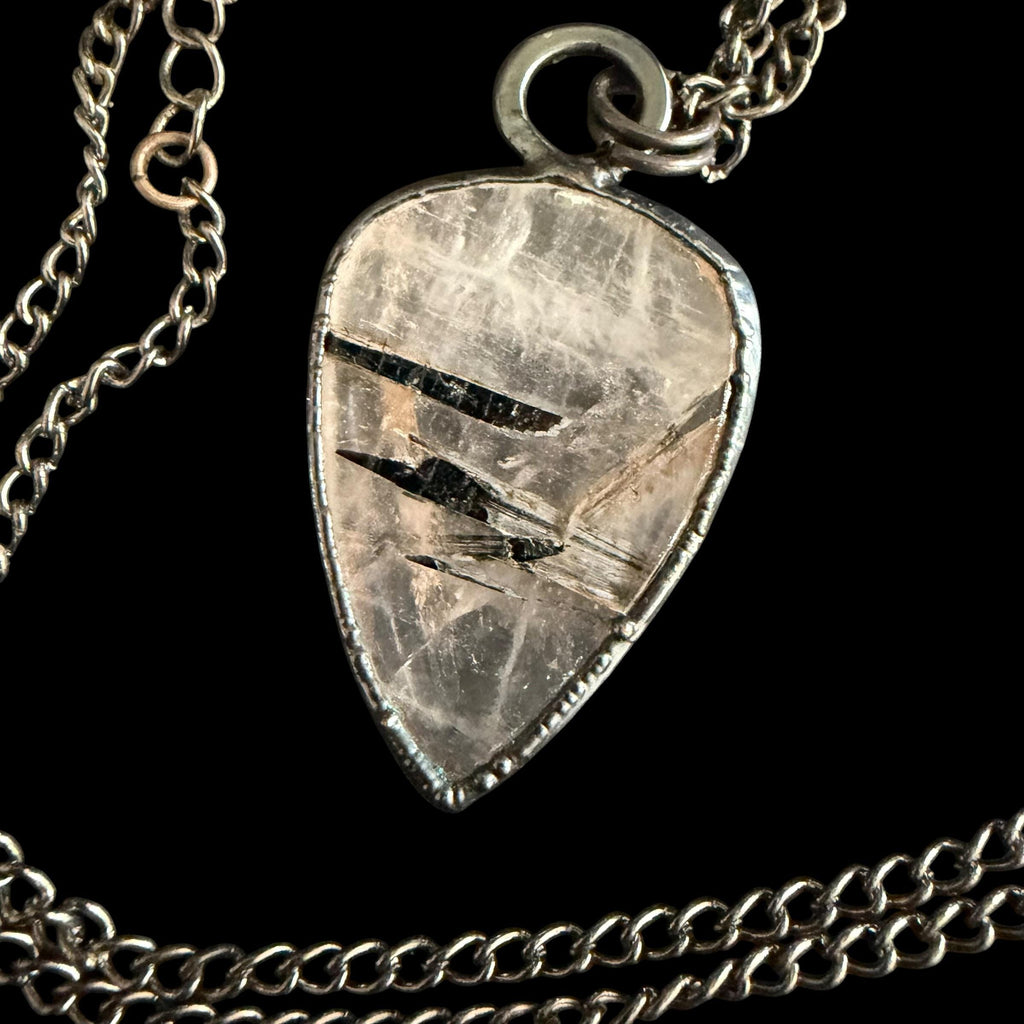 Black Tourmalinated Quartz Pendant | Bold Tourmaline Blades in Clear Quartz | Handmade Electroformed Necklace | Boho