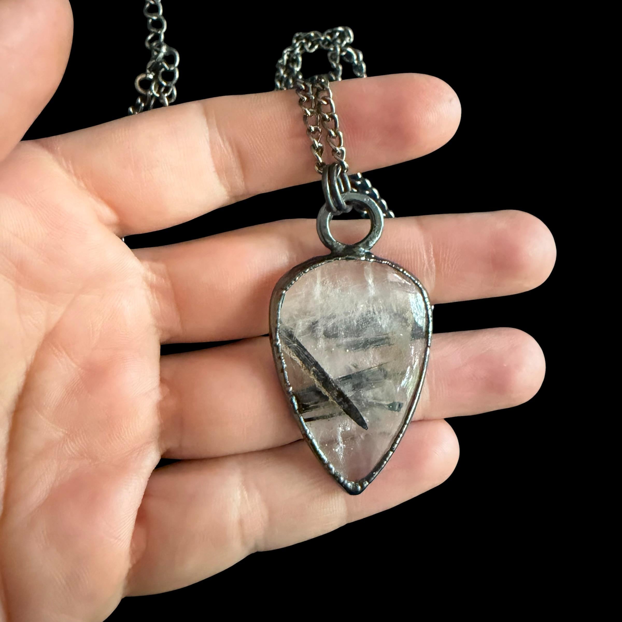 Black Tourmalinated Quartz Pendant | Bold Tourmaline Blades in Clear Quartz | Handmade Electroformed Necklace | Boho