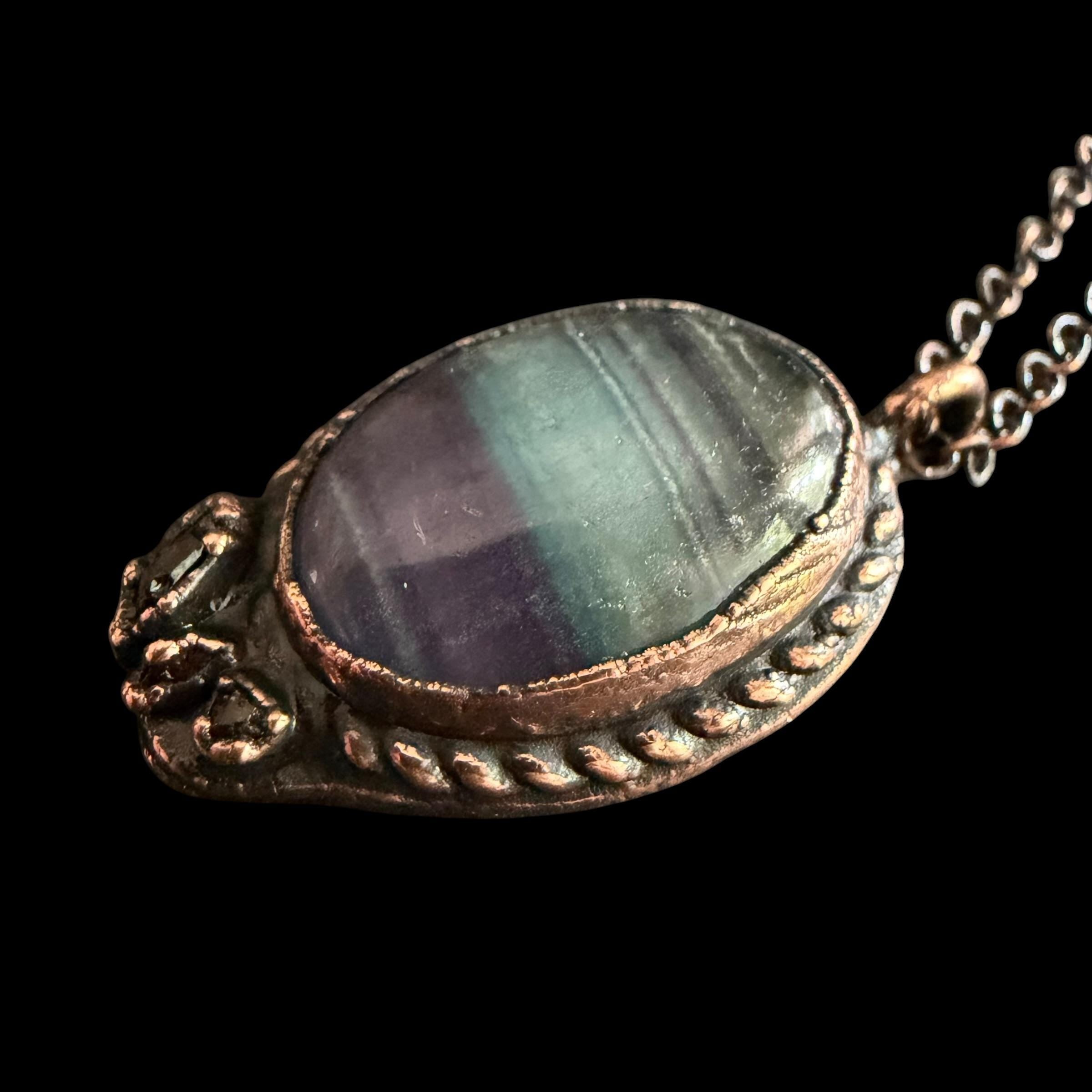 Rainbow Fluorite Necklace | Electroformed Copper Pendant with Herkimer Quartz | Handmade Crystal Jewelry | Boho Gift
