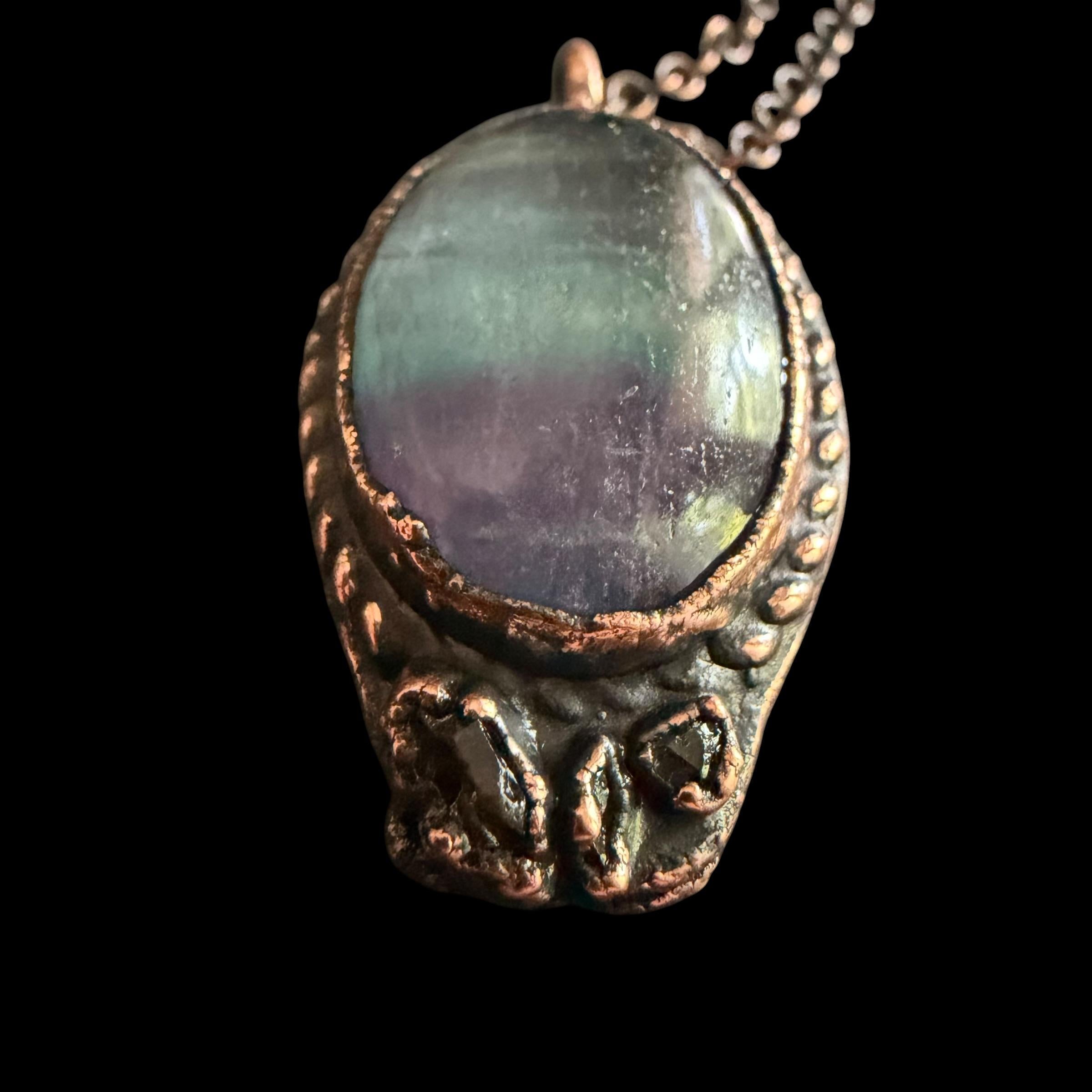 Rainbow Fluorite Necklace | Electroformed Copper Pendant with Herkimer Quartz | Handmade Crystal Jewelry | Boho Gift
