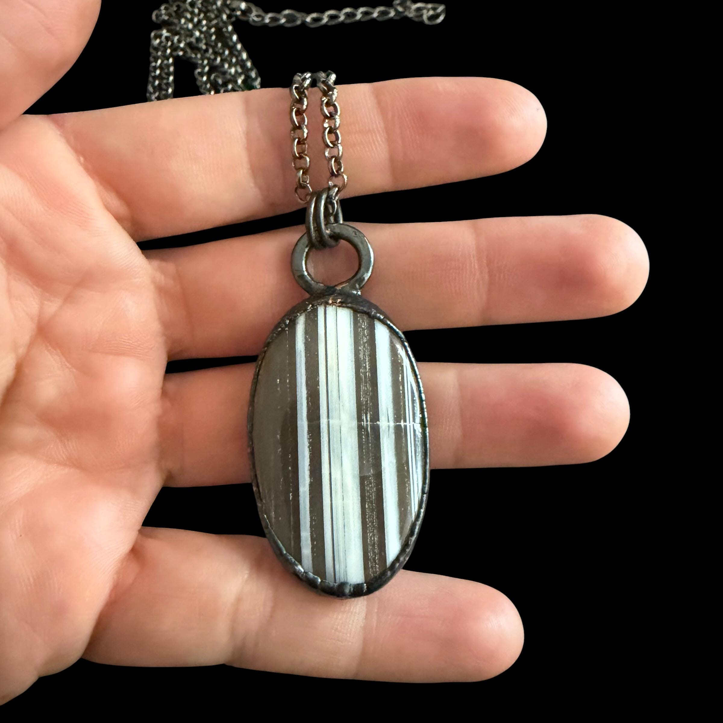 Zebra Jasper Necklace | Striped Black Gemstone Pendant | Electroformed Handmade Jewelry | Boho Layering Necklace