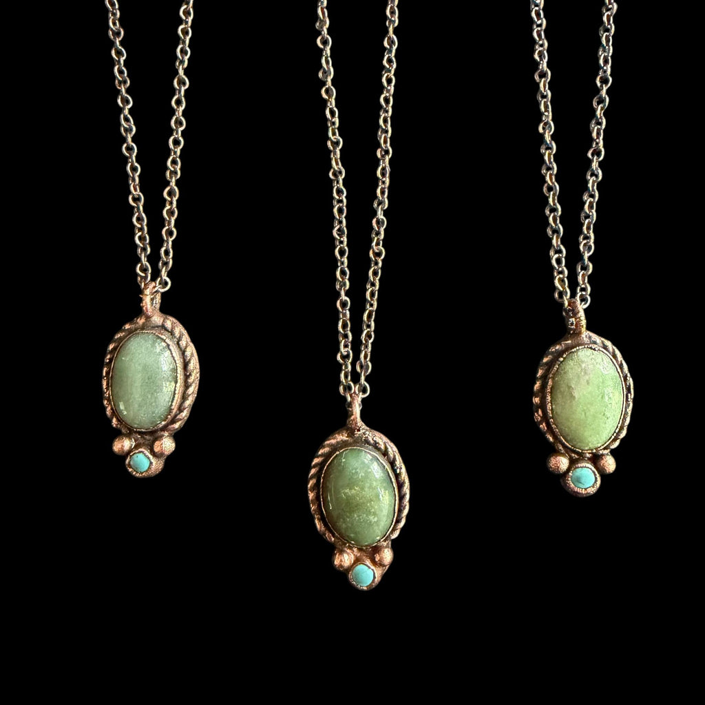 Green Aventurine Necklace with Turquoise Accent | Electroformed Copper Pendant | Handmade Boho Crystal Jewelry Gift